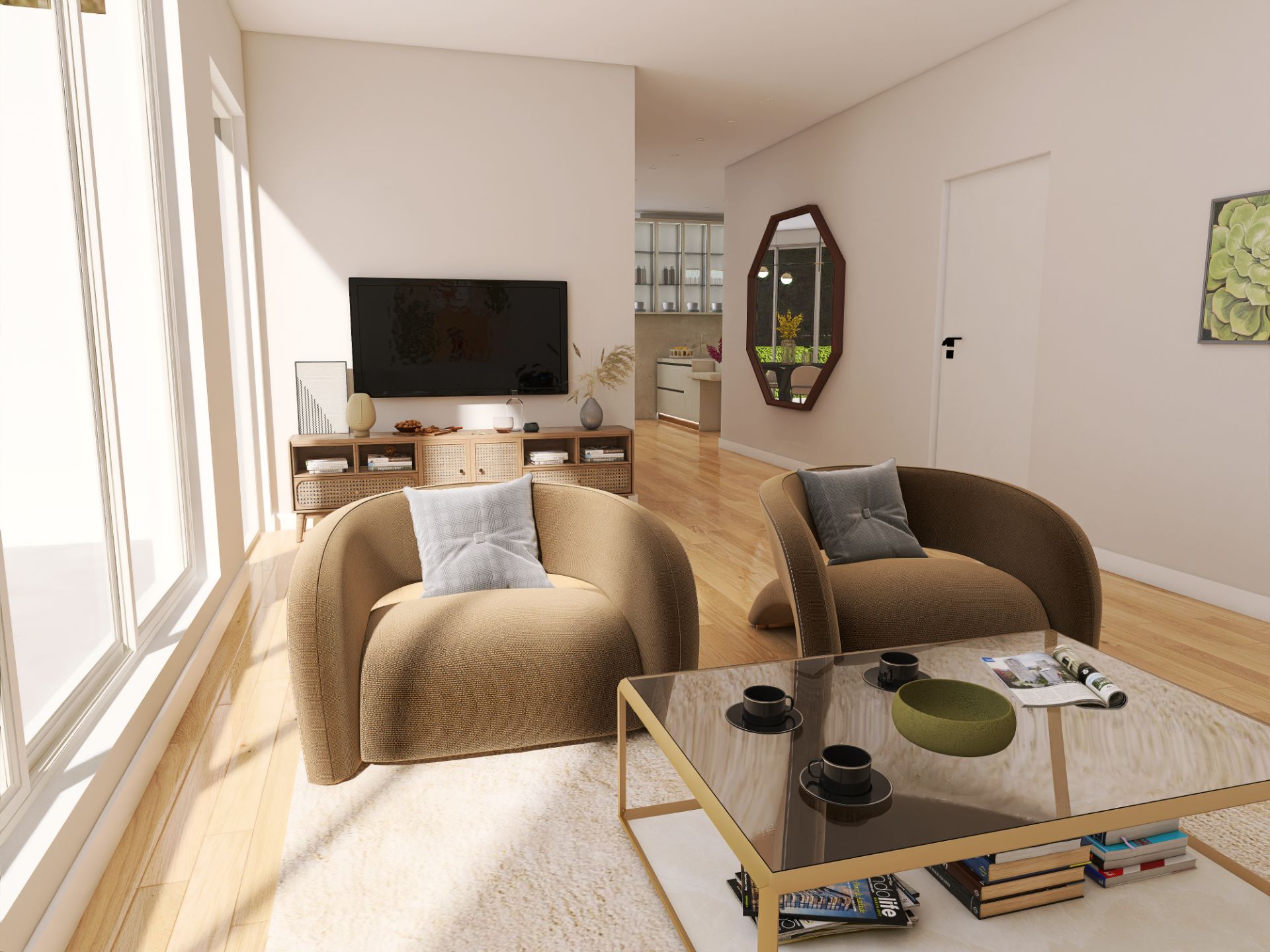 Helles Wohnzimmer mit zwei Sesseln, Couchtisch, Fernseher und großem Fenster.