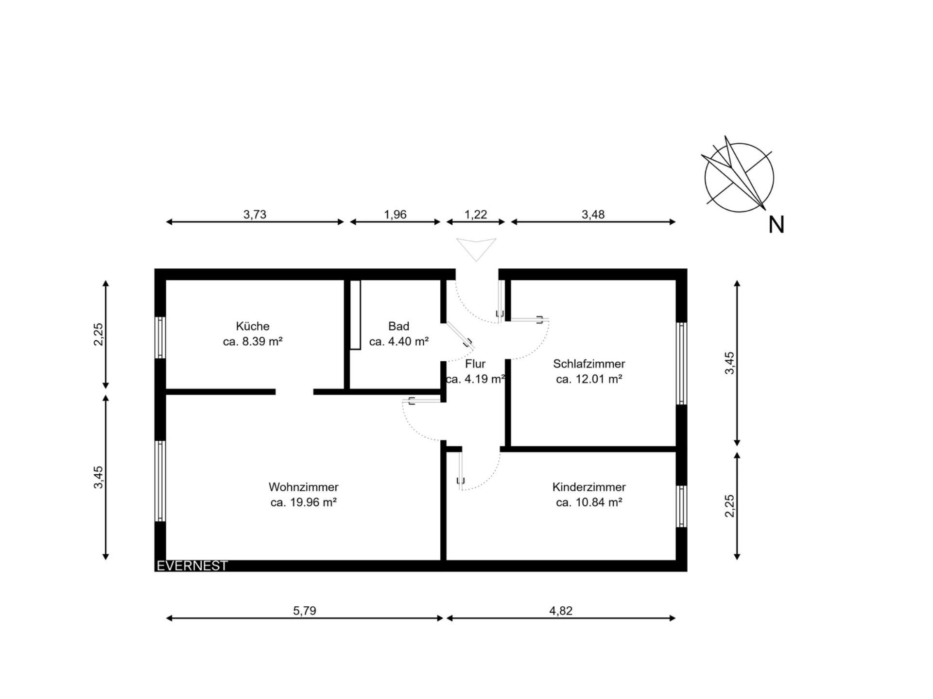 Grundriss einer Wohnung mit Wohnzimmer, Schlafzimmer, Kinderzimmer, Küche, Bad und Flur.