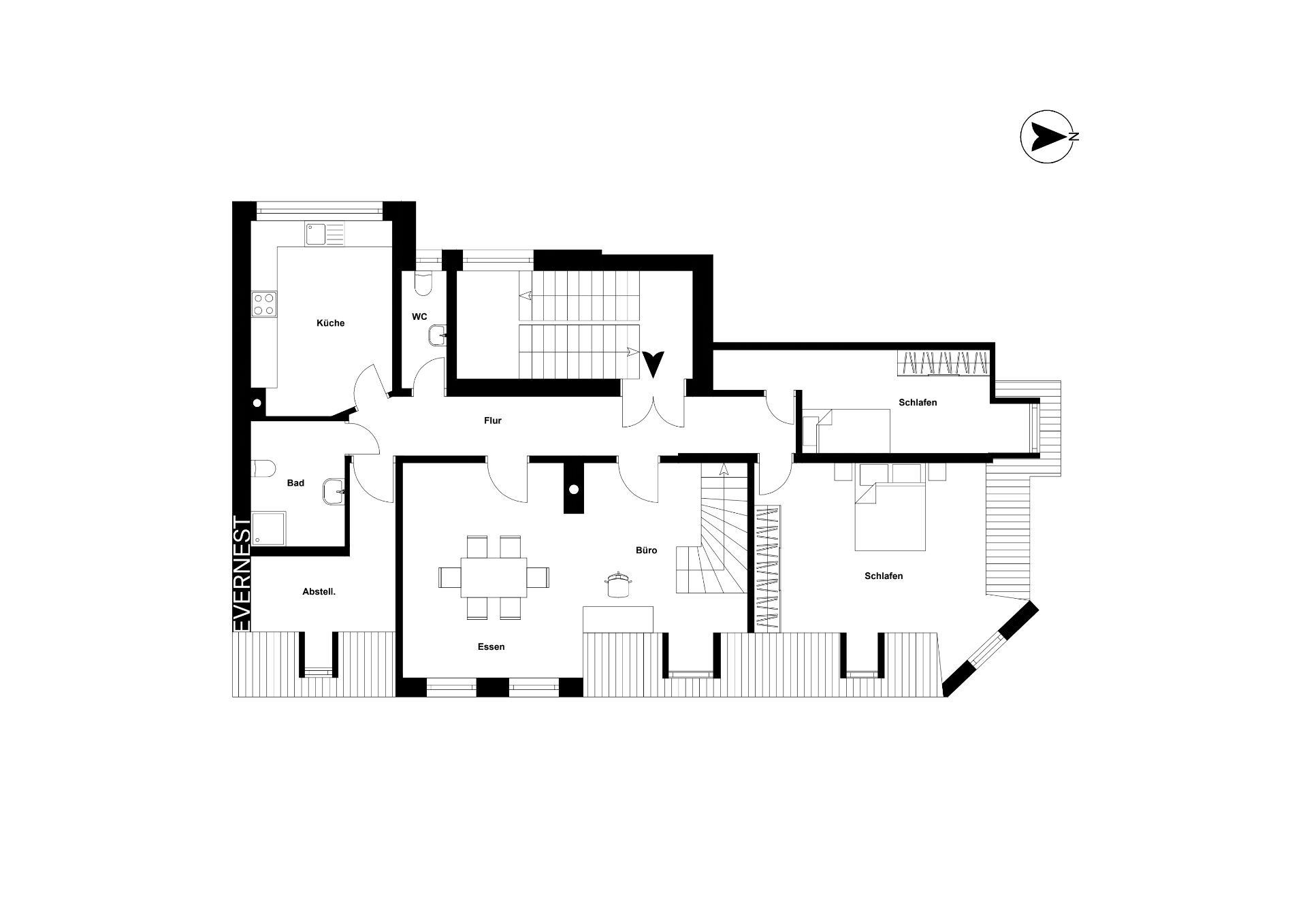 Grundriss einer Wohnung mit Küche, Bad, Esszimmer, Büro und zwei Schlafzimmern.