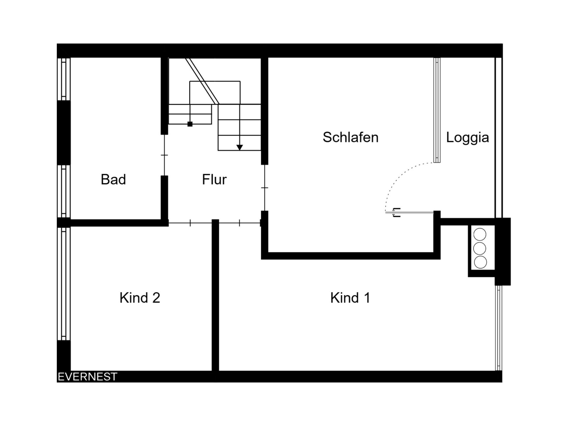 Grundriss mit Flur, Bad, zwei Kinderzimmern, Schlafzimmer und Loggia.
