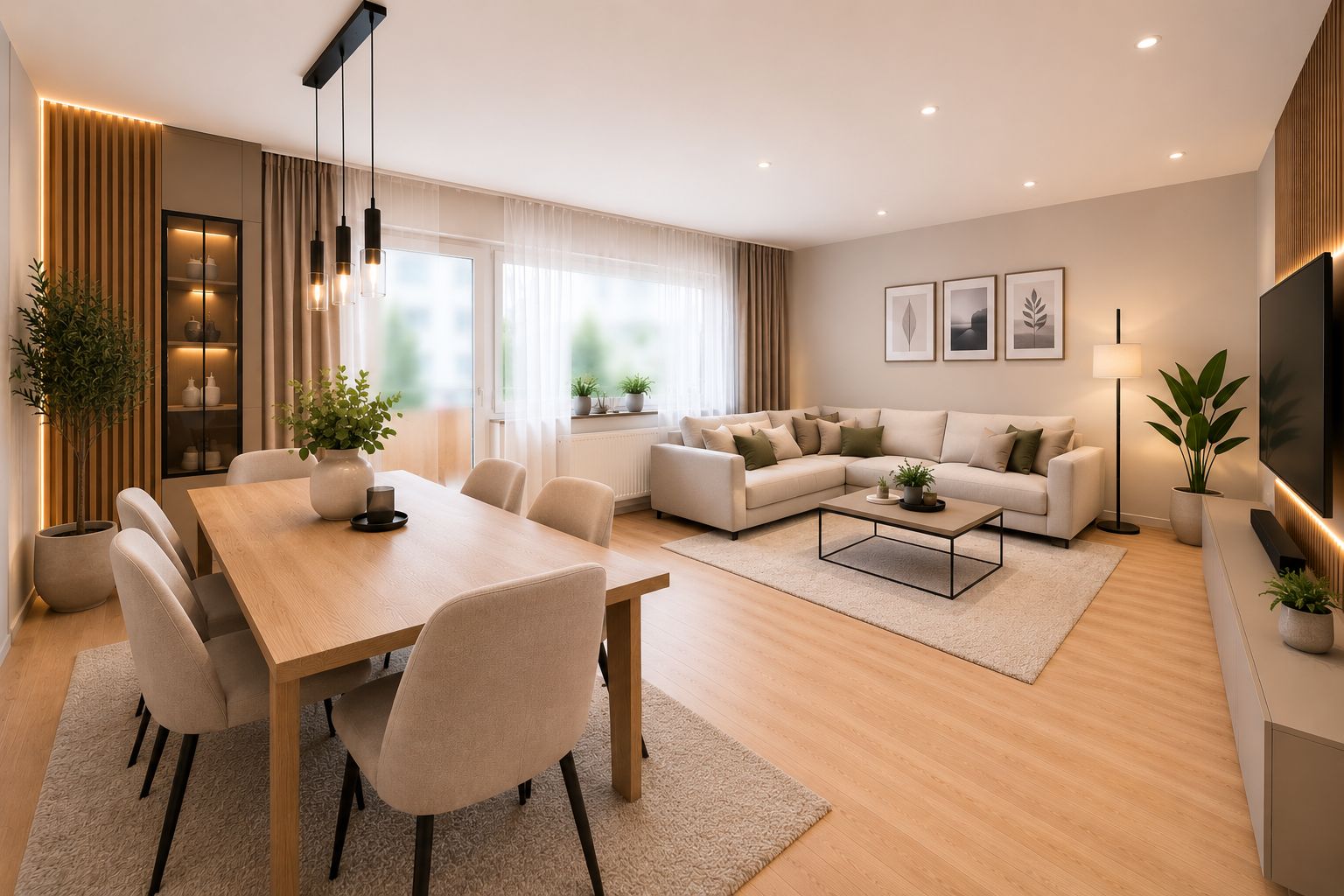 Modernes Wohnzimmer mit Essbereich, großem Sofa, Esstisch, Pflanzen und Wandbildern.