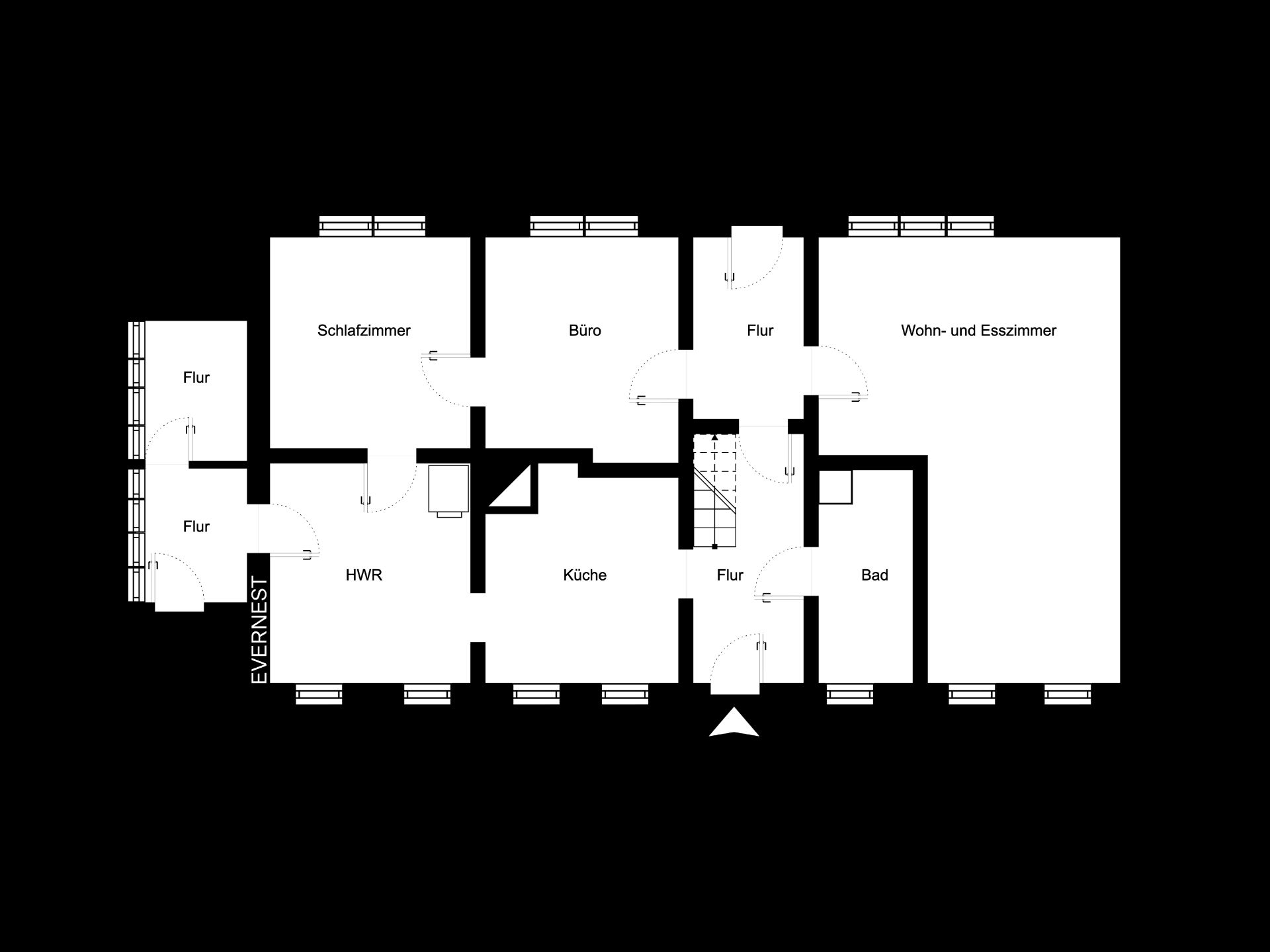 Grundriss einer Wohnung mit Schlafzimmer, Büro, Küche, Bad und Wohn- und Esszimmer.