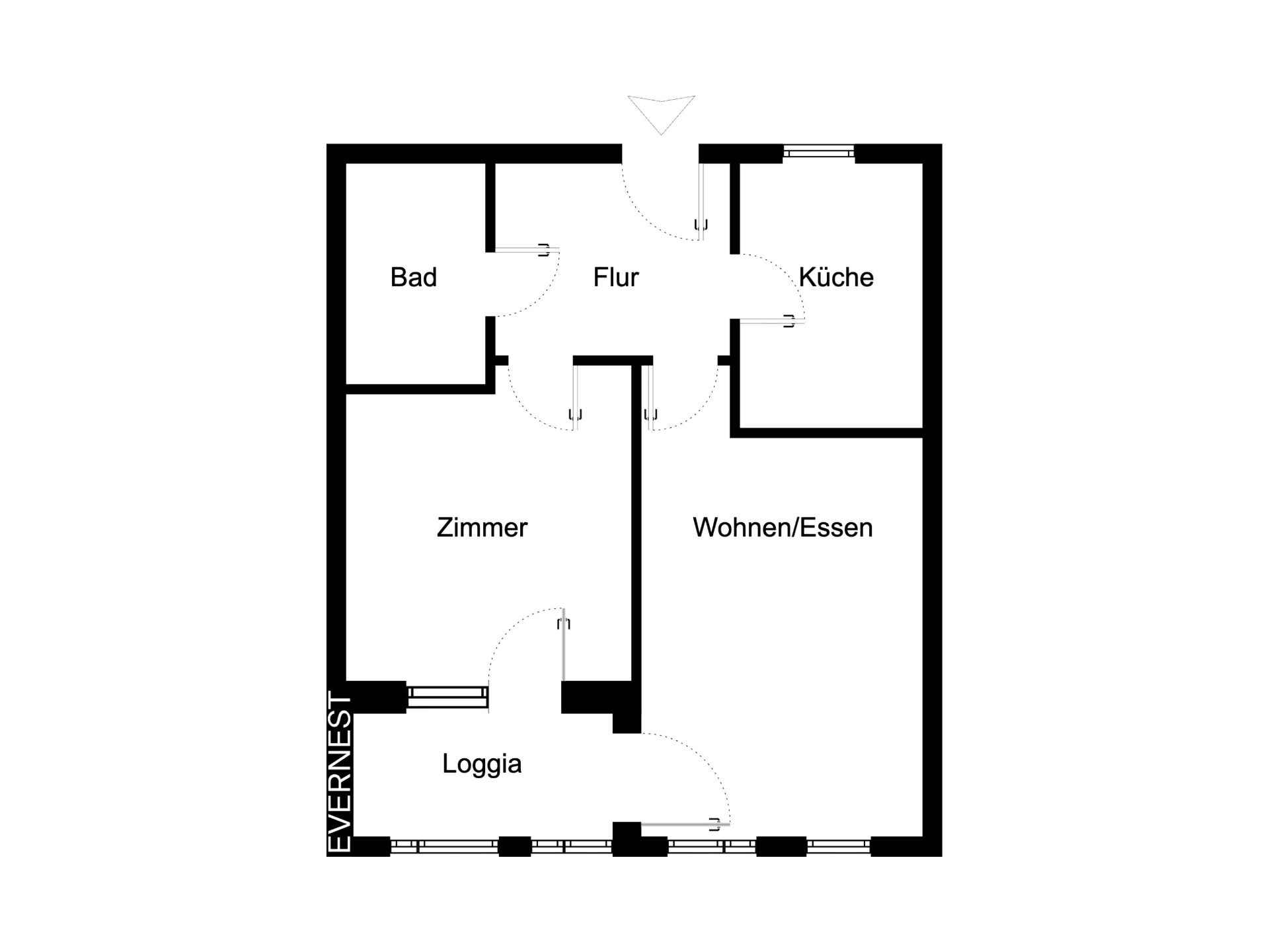 Grundriss einer Wohnung mit Bad, Flur, Küche, Zimmer, Wohnen/Essen und Loggia.
