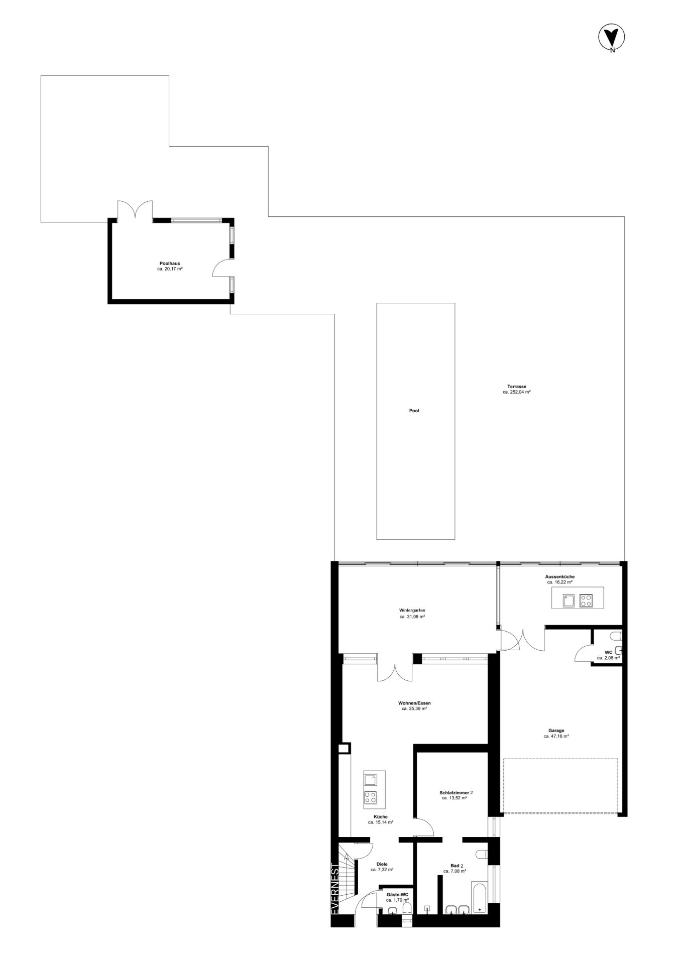 Grundriss eines Wohnhauses mit Garage, Pool, Terrasse und mehreren Zimmern.