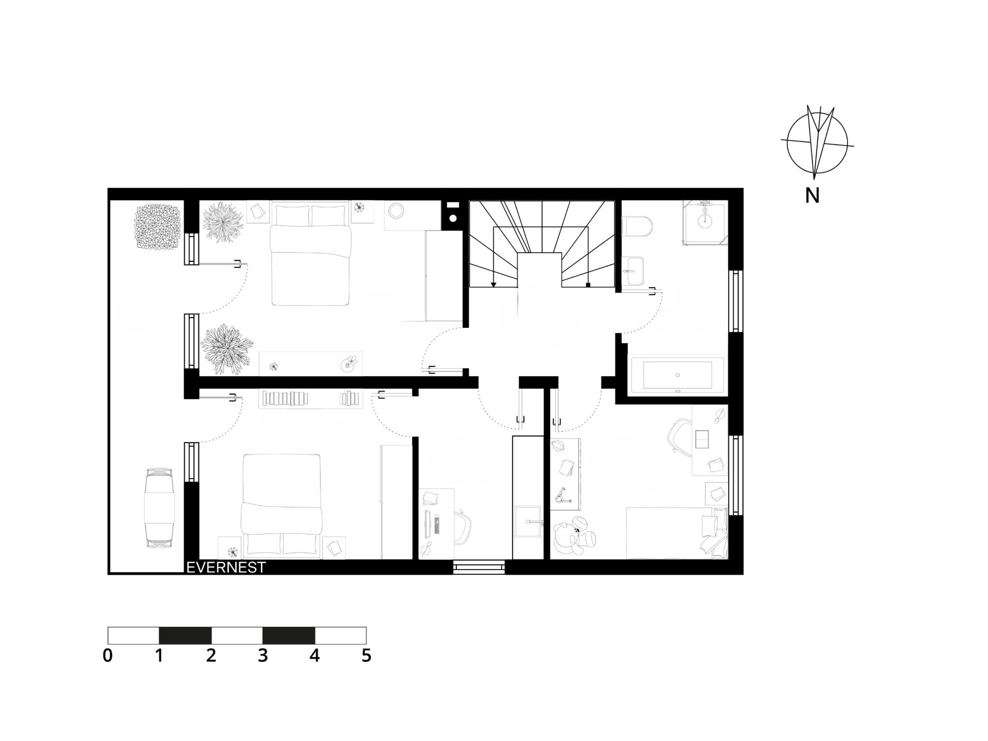 Grundriss einer Wohnung mit zwei Schlafzimmern, Wohnzimmer, Küche, Bad und Treppenhaus.