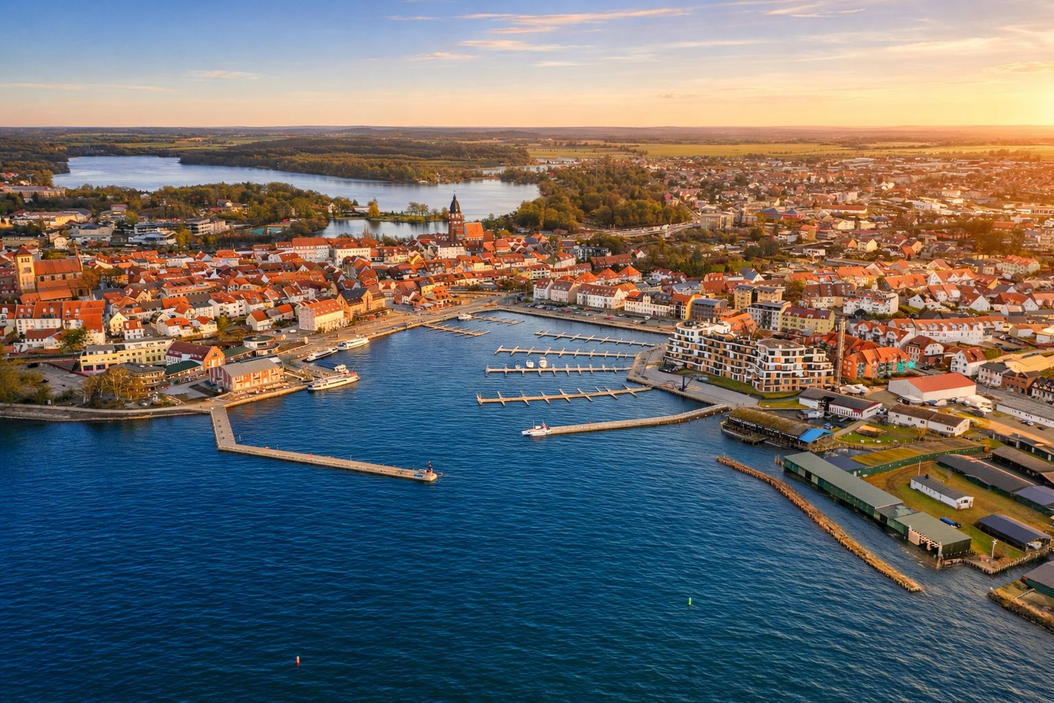 Luftaufnahme einer Stadt mit Yachthafen und Wohnhäusern am Wasser.