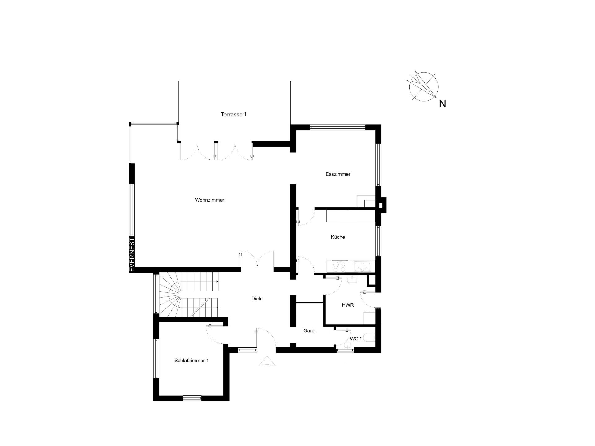 Grundriss einer Wohnung mit Wohnzimmer, Schlafzimmer, Küche, Esszimmer und Terrasse.