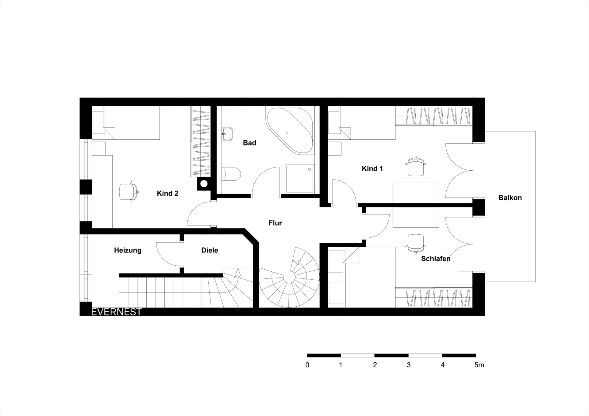 Grundriss mit Schlafzimmer, zwei Kinderzimmern, Bad, Diele, Flur, Heizung und Balkon.