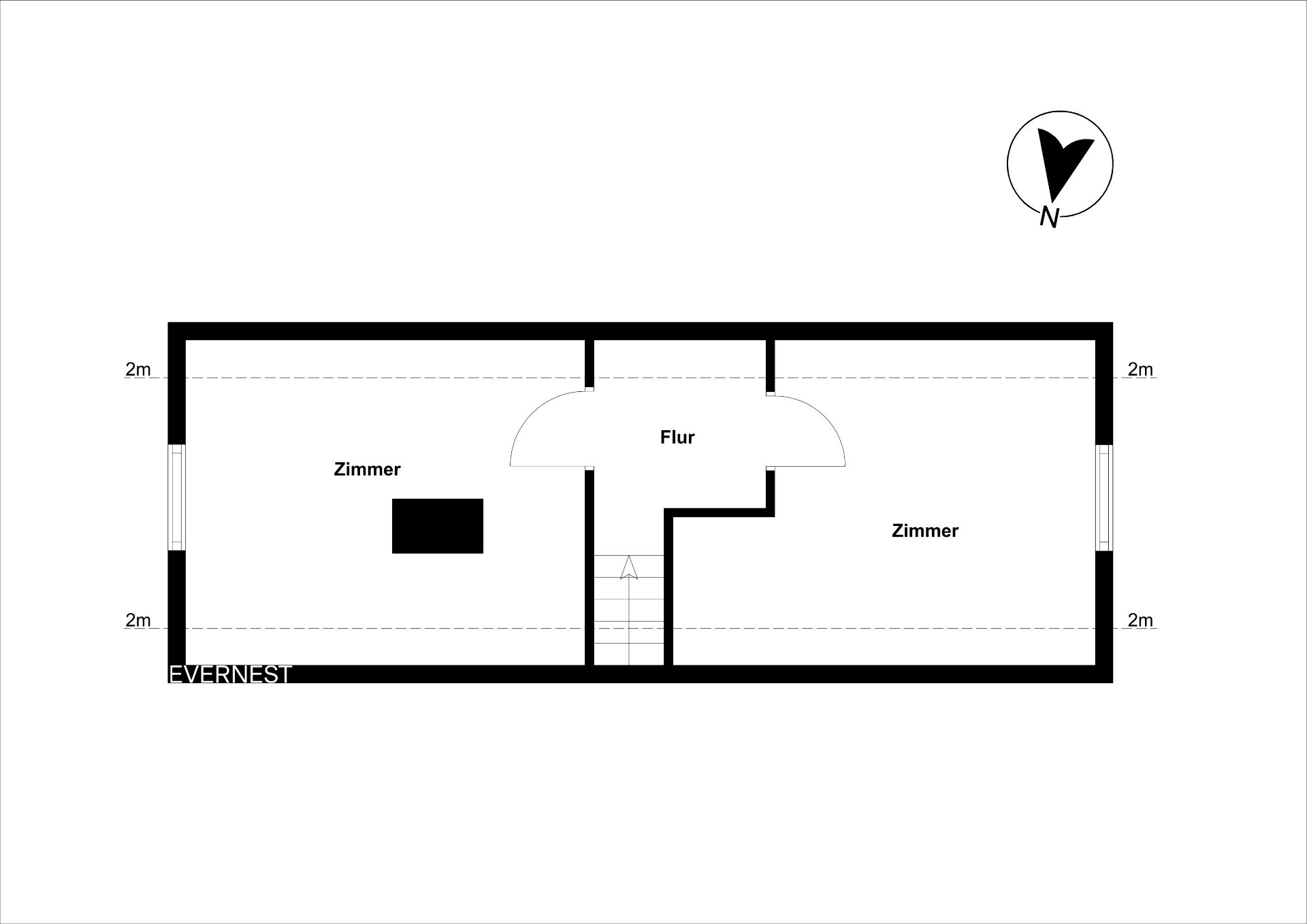 Grundriss mit Flur und zwei Zimmern, verbunden durch einen Flur, Treppe in der Mitte.