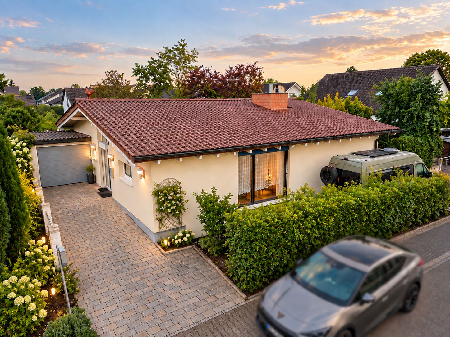 Einfamilienhaus mit rotem Dach, Vorgarten und geparkten Autos, umgeben von Büschen.