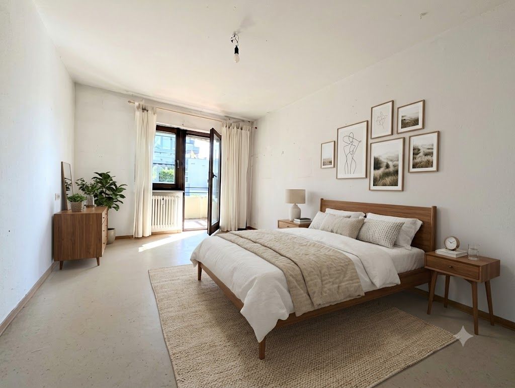 Helles Schlafzimmer mit Doppelbett, Nachttischen, Kommode, Pflanze und Wandbildern, großes Fenster mit Vorhängen.