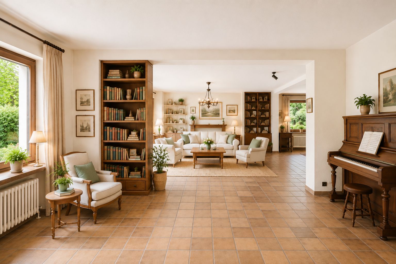 Heller Wohnraum mit Bücherregalen, Sofa, Sesseln, Klavier und großen Fenstern mit Blick ins Grüne.
