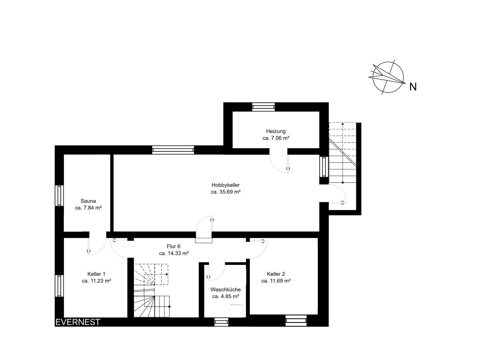 Grundriss eines Kellers mit Sauna, Hobbyraum, Heizungsraum, Waschküche und zwei Kellerräumen.
