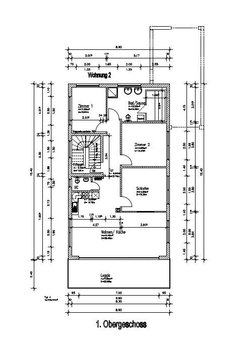 Grundriss einer Wohnung mit drei Zimmern, Bad, WC, Wohnküche und Loggia.