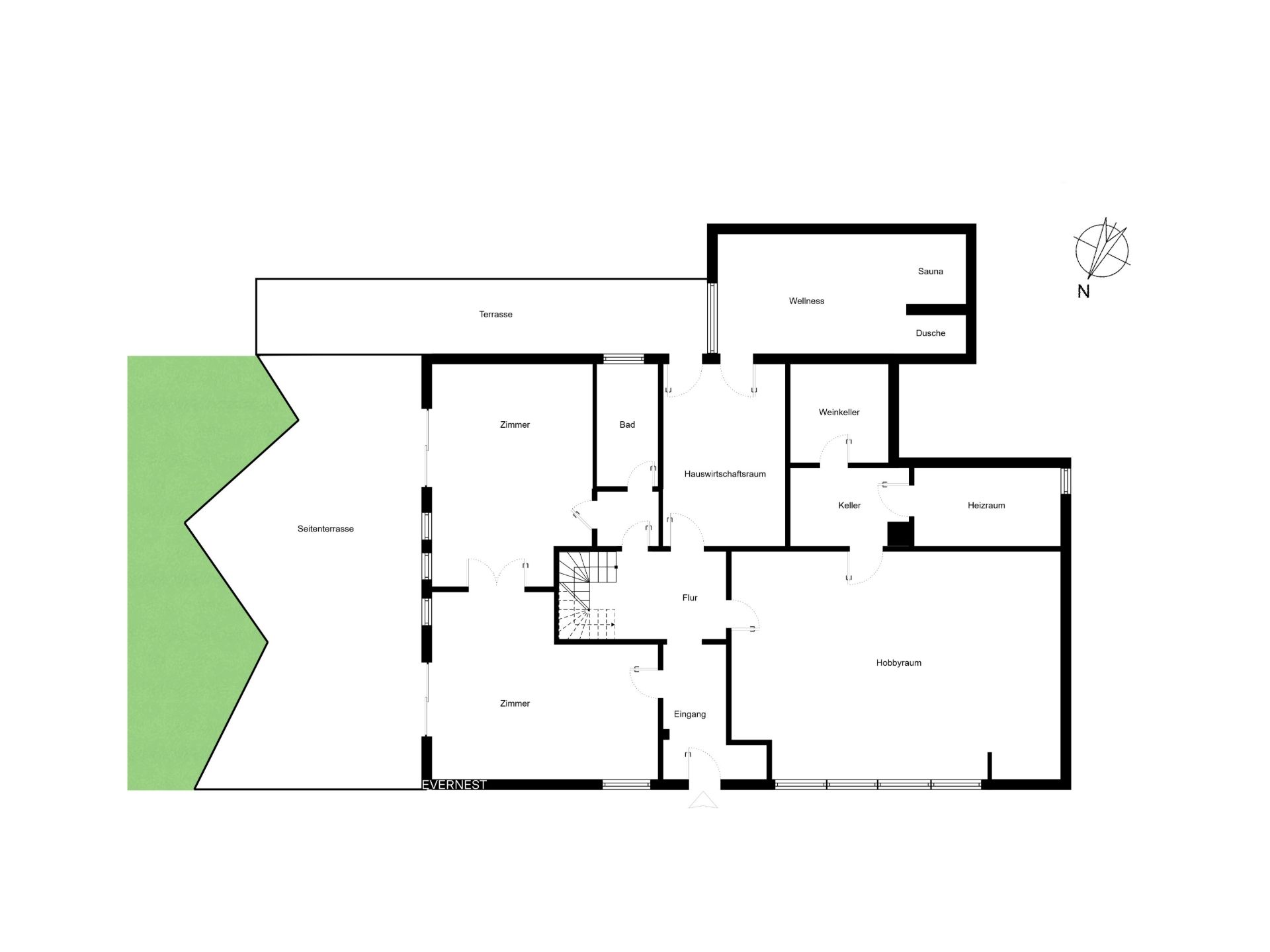 Grundriss eines Wohnhauses mit mehreren Zimmern, Terrasse und Gartenbereich.