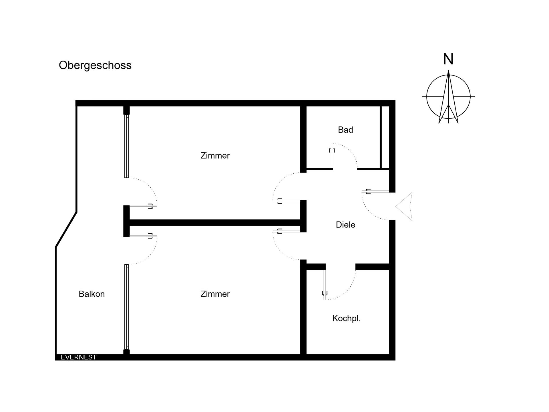 Grundriss eines Obergeschosses mit Balkon, zwei Zimmern, Bad, Küche und Diele.