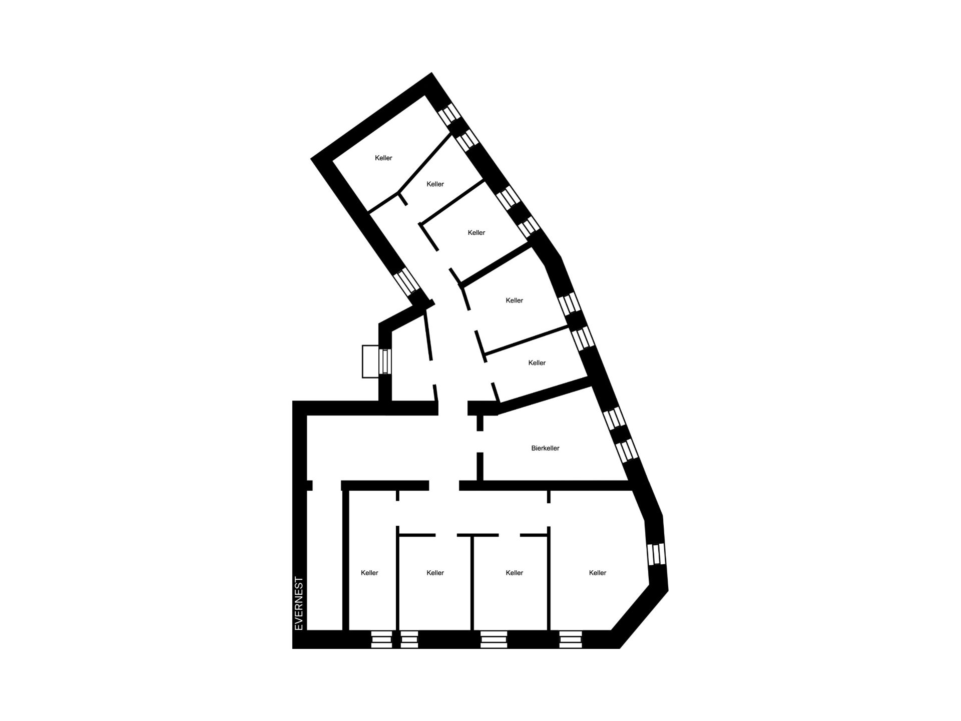 Grundriss eines Kellers mit mehreren Abteilen und Fluren.