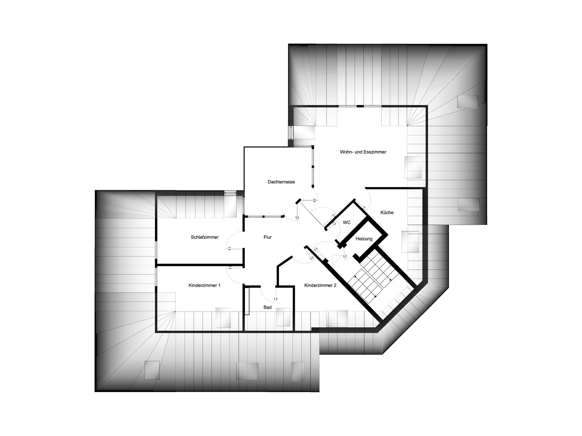 Grundriss einer Wohnung mit Schlafzimmer, Kinderzimmern, Bad, Küche und Wohn-Esszimmer.
