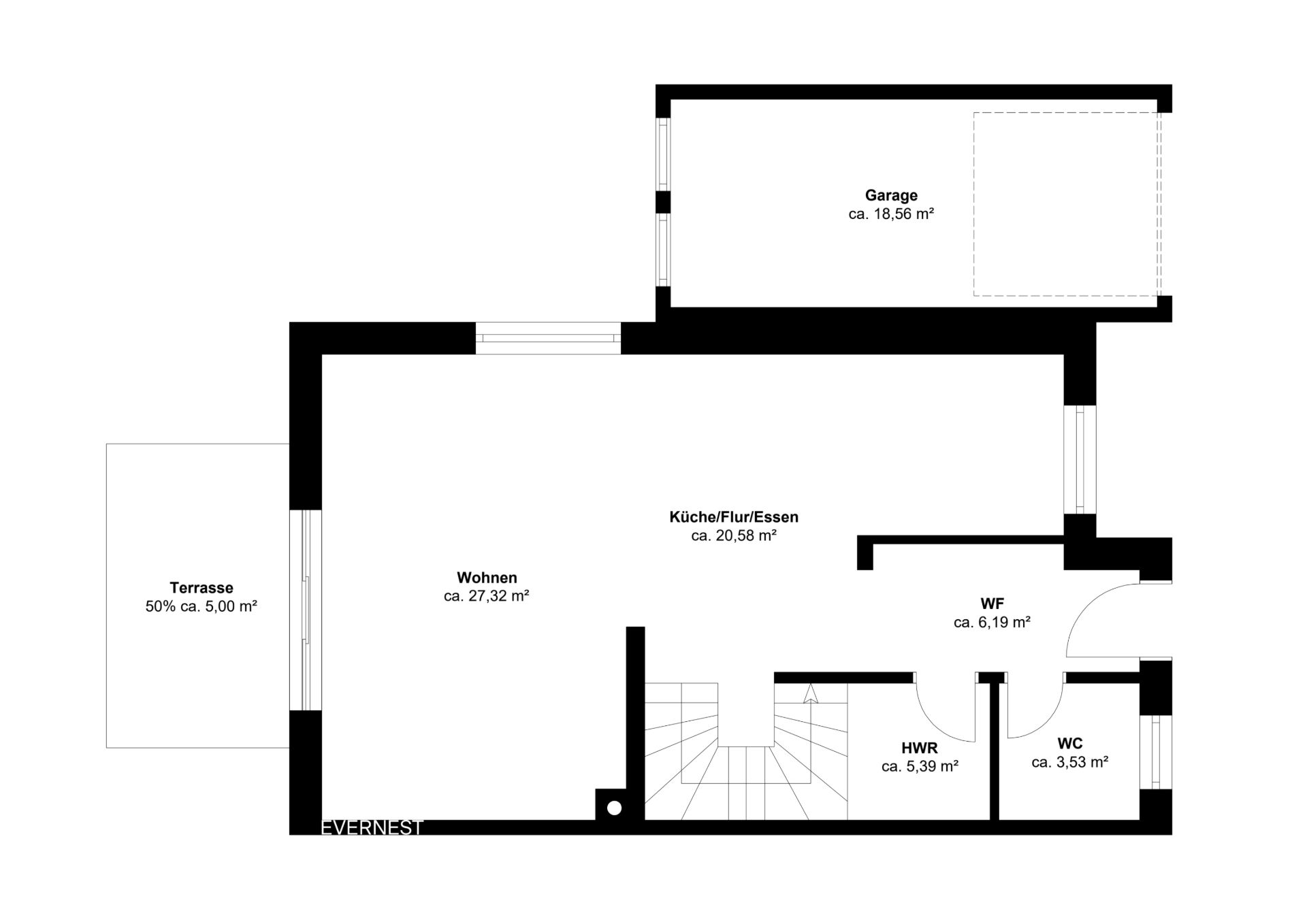 Grundriss mit Wohnzimmer, Küche, Terrasse, Garage, WC, Hauswirtschaftsraum und Flur.