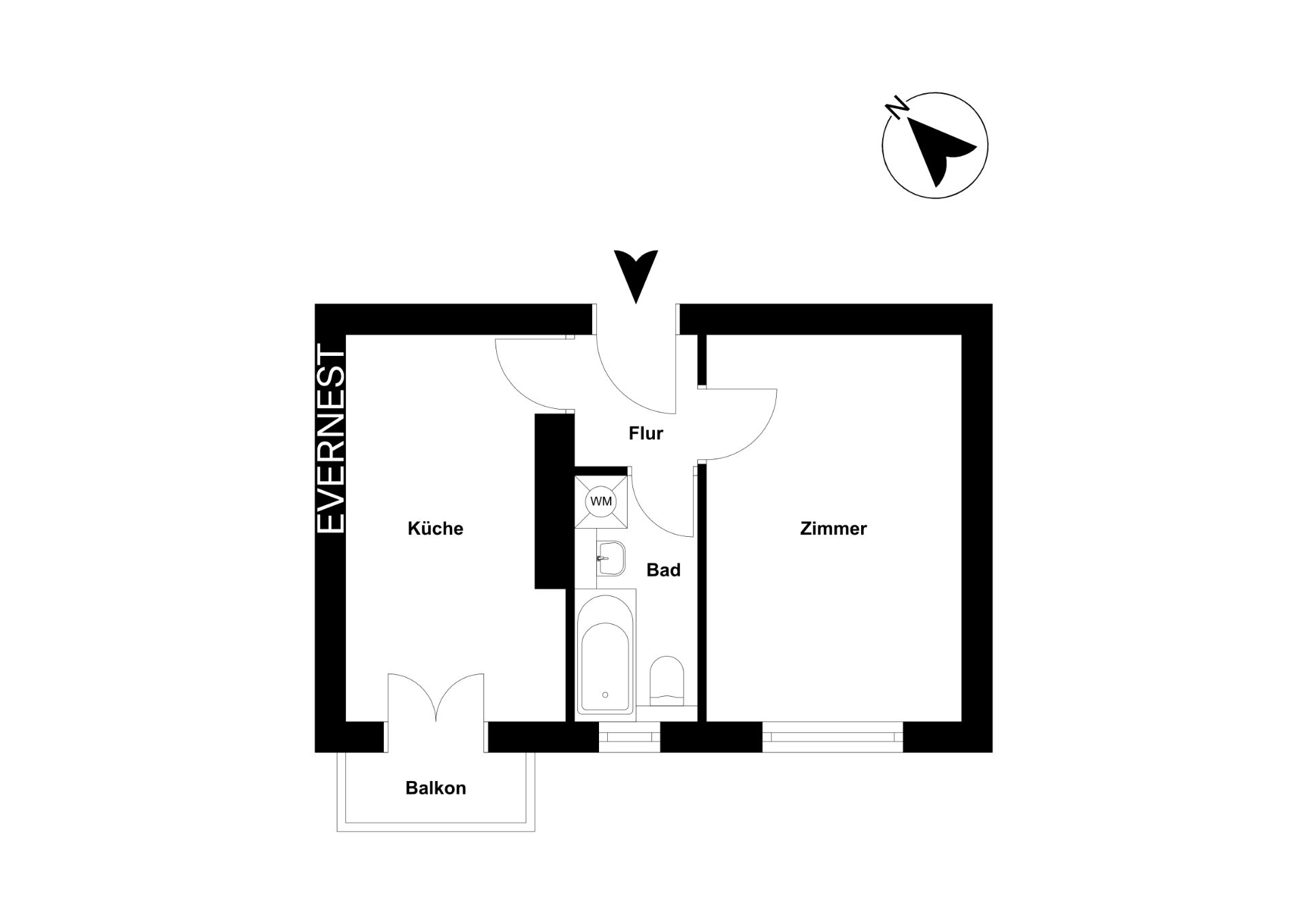 Grundriss einer Wohnung mit Zimmer, Küche, Bad, Flur und Balkon.