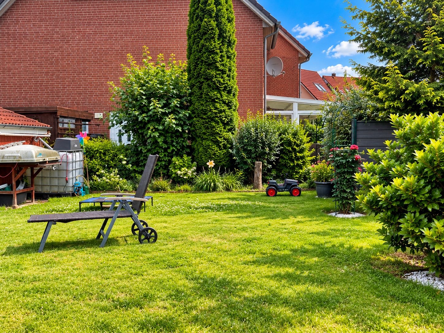 Grüner Garten mit Liege, Kinderfahrzeug und vielen Sträuchern neben einem Backsteinhaus.