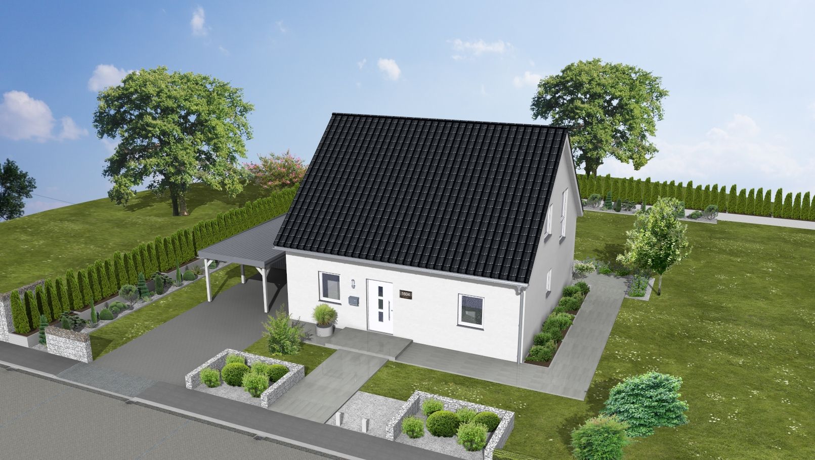 Modernes Einfamilienhaus mit schwarzem Dach, Carport, Garten und gepflastertem Weg.