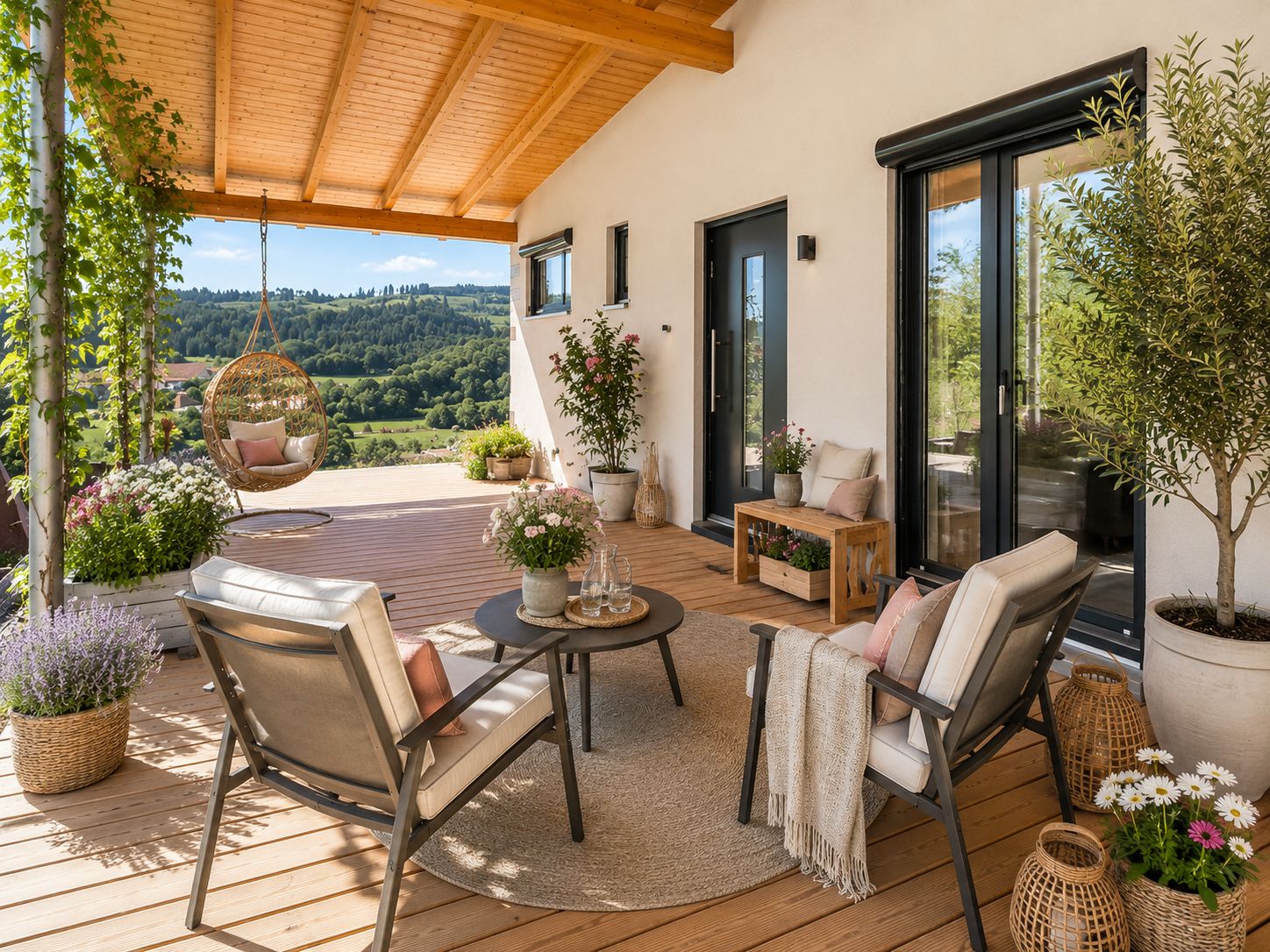 Überdachte Terrasse mit Sitzmöbeln, Tisch, Pflanzen und Blick auf grüne Hügel.