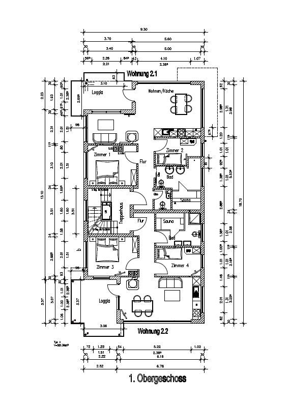 Grundriss eines Obergeschosses mit zwei Wohnungen, mehreren Zimmern, Küche, Bad und Loggia.