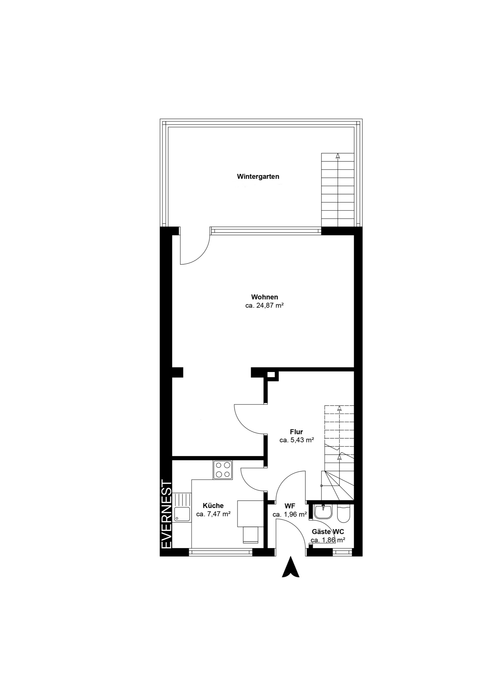 Grundriss einer Wohnung mit Wintergarten, Wohnzimmer, Küche, Flur und Gäste-WC.