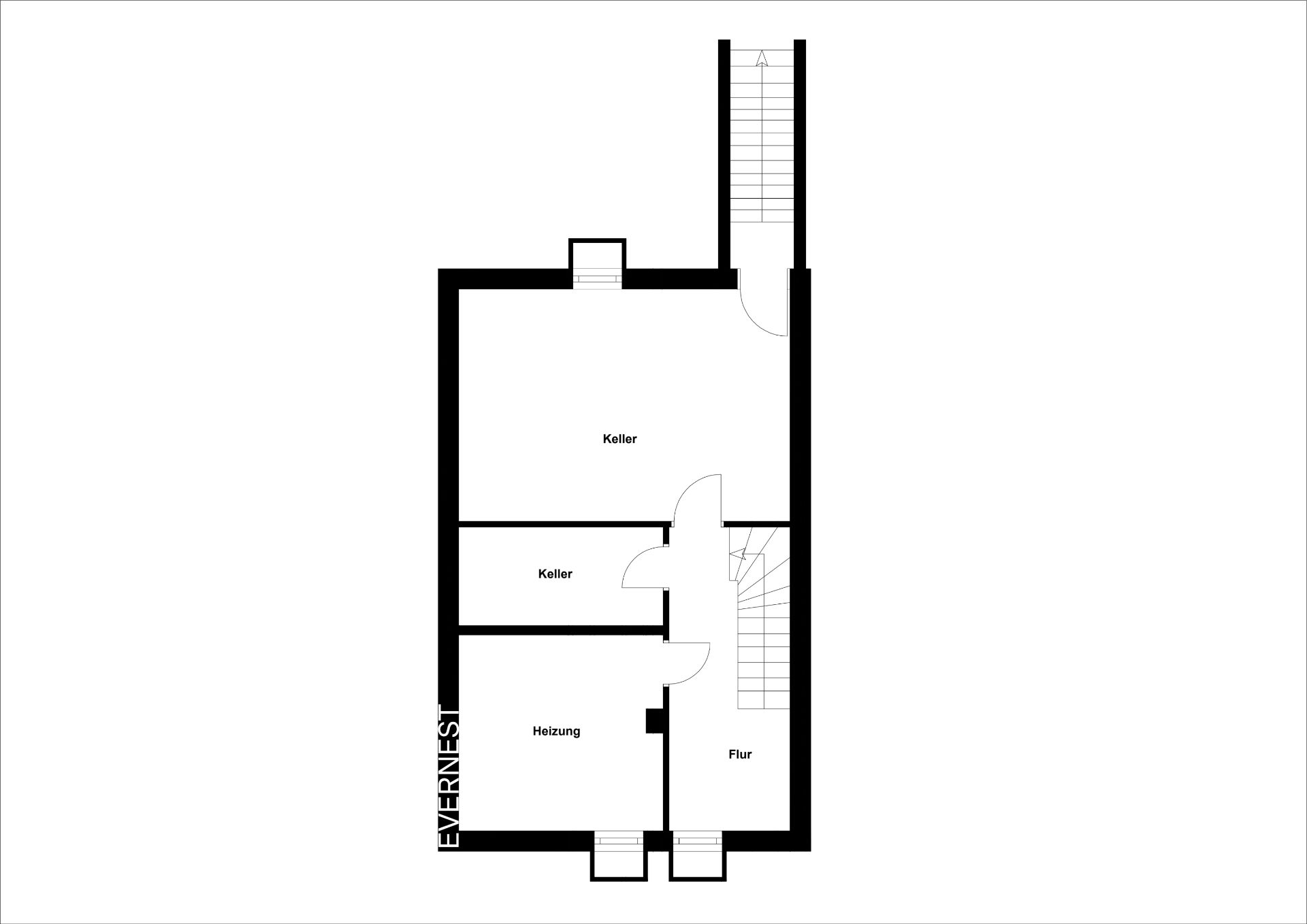 Grundriss eines Kellers mit zwei Kellerräumen, Heizungsraum und Flur.