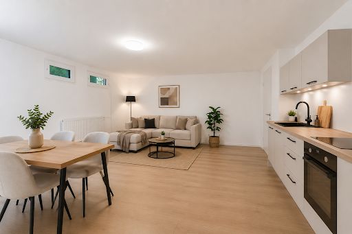 Helles Wohnzimmer mit offener Küche, Esstisch, Sofa, Lampe und Pflanzen.