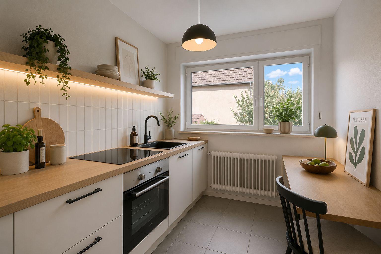 Moderne Küche mit Holzarbeitsplatte, weißen Schränken und großem Fenster mit Blick nach draußen.