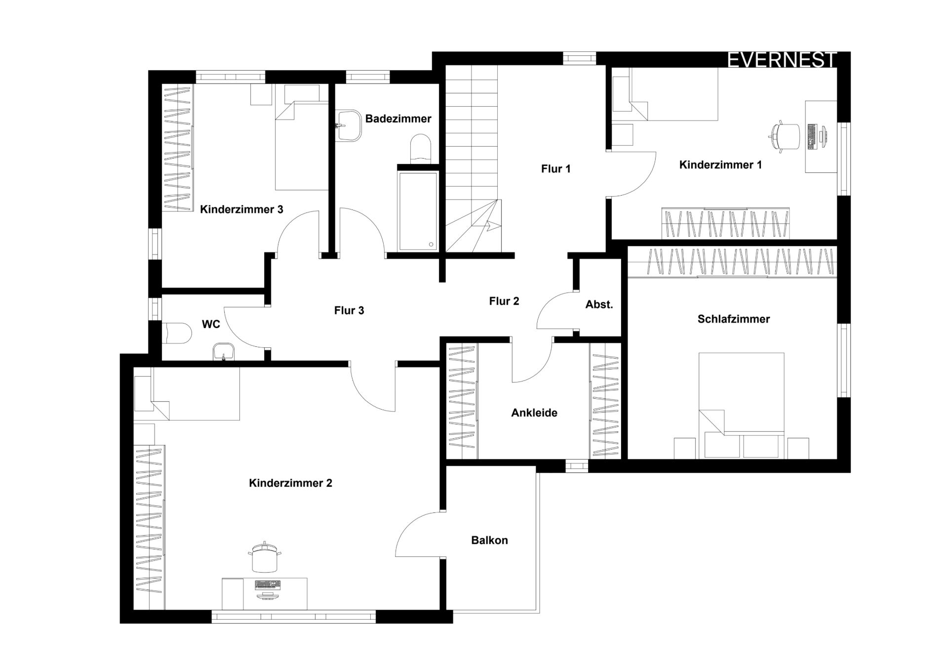 Grundriss einer Wohnung mit drei Kinderzimmern, Schlafzimmer, Bad, WC, Ankleide und Balkon.