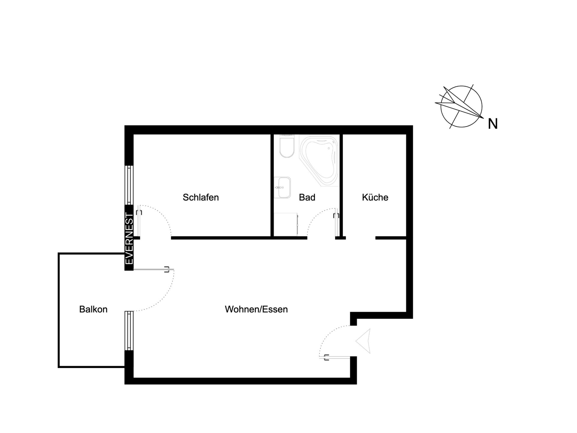 Grundriss einer Wohnung mit Schlafraum, Bad, Küche, Wohn-/Essbereich und Balkon.