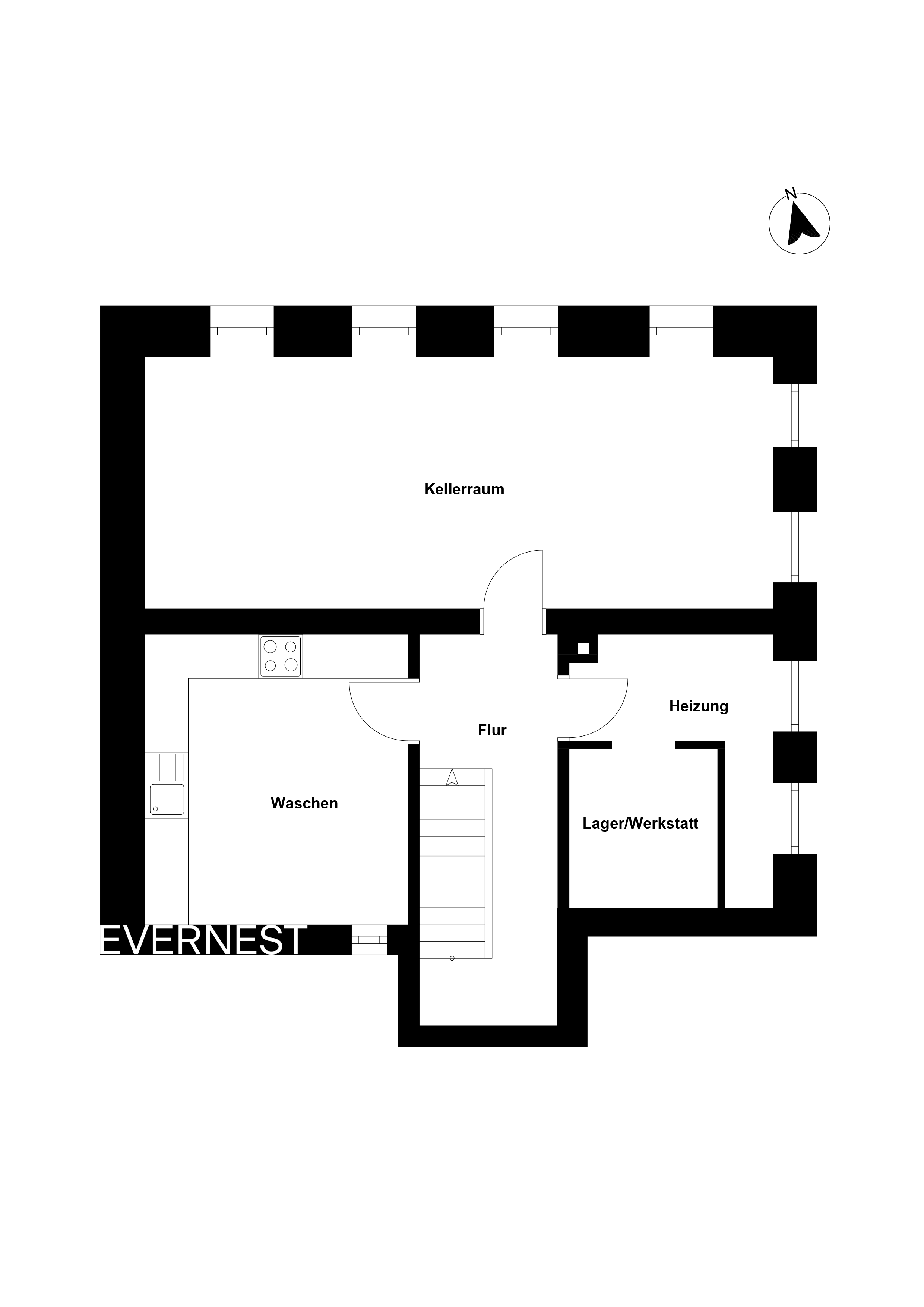 Grundriss eines Kellers mit Waschraum, Heizungsraum, Lager/Werkstatt und Flur.