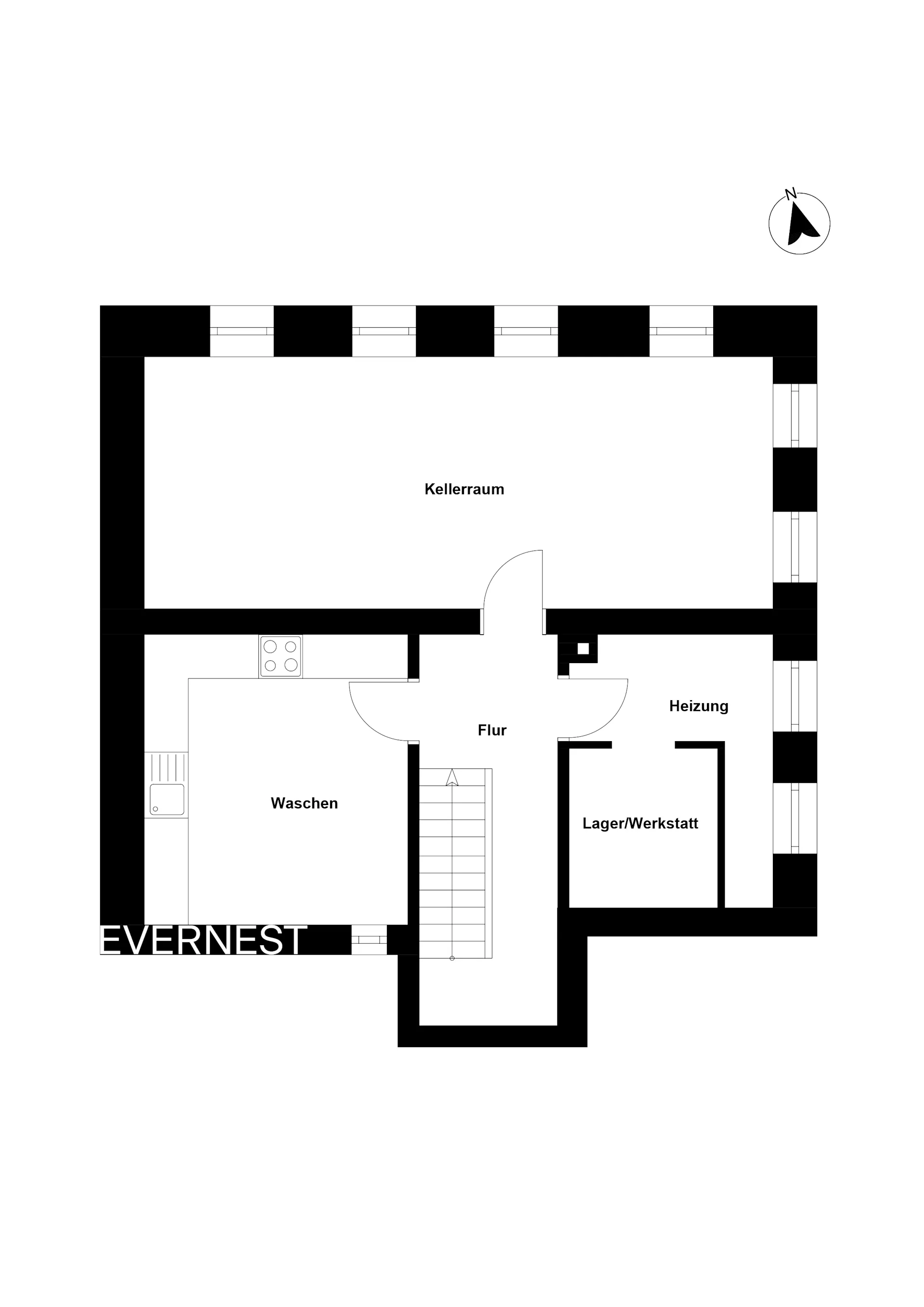 Grundriss eines Kellers mit Waschraum, Heizungsraum, Lager/Werkstatt und Flur.