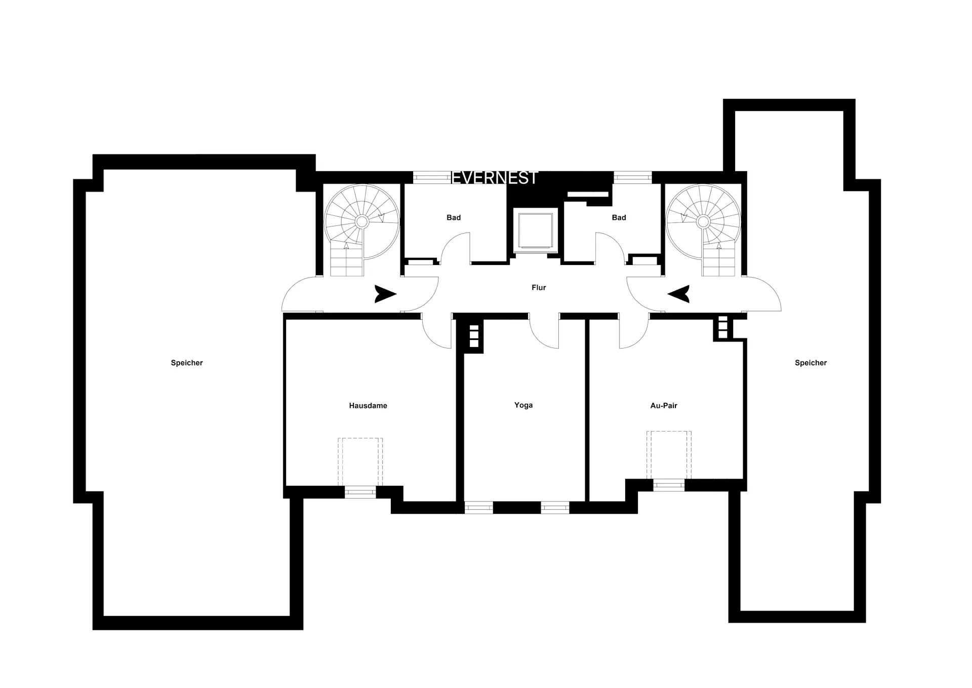Grundriss mit Räumen für Hausdame, Yoga, Au-Pair, Bäder, Flur und Abstellräume.