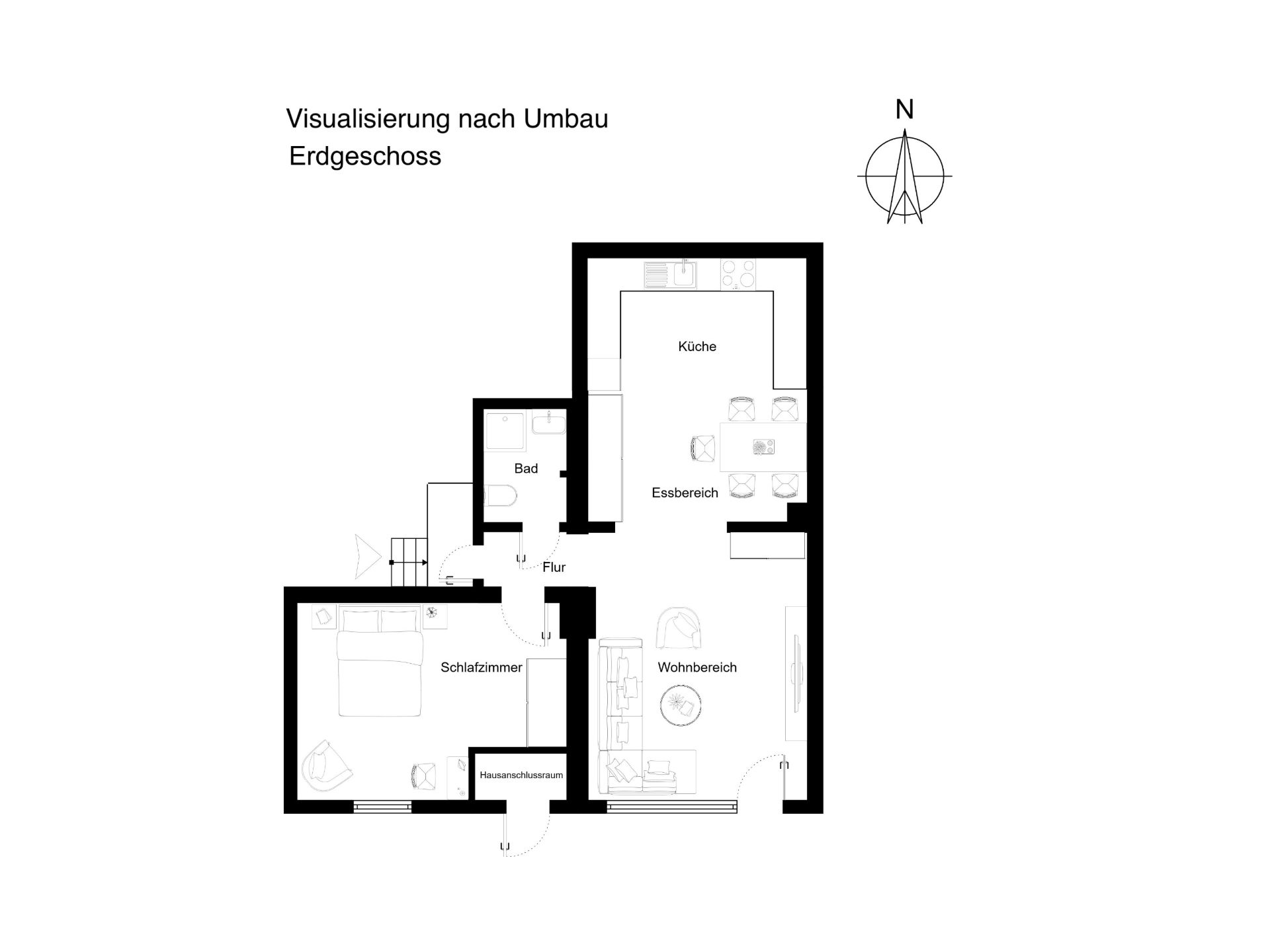 Grundriss des Erdgeschosses mit Schlafzimmer, Bad, Küche, Essbereich und Wohnbereich.
