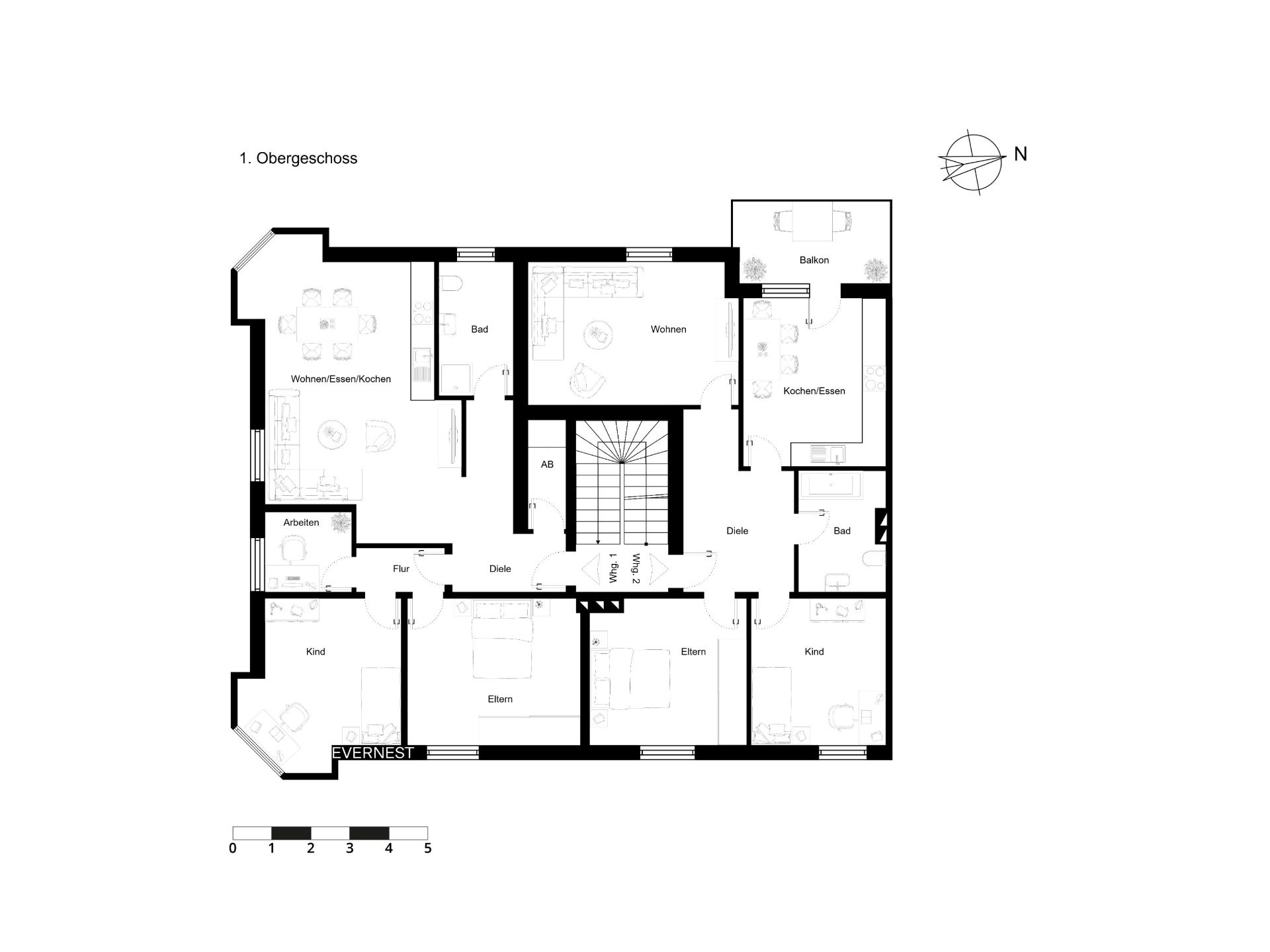 Grundriss einer Wohnung mit mehreren Zimmern, zwei Küchenbereichen, Bädern und einem Balkon.