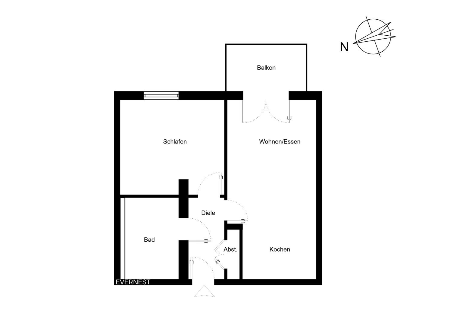 Grundriss einer Wohnung mit Schlafzimmer, Bad, Diele, Küche, Abstellraum, Wohnbereich und Balkon.