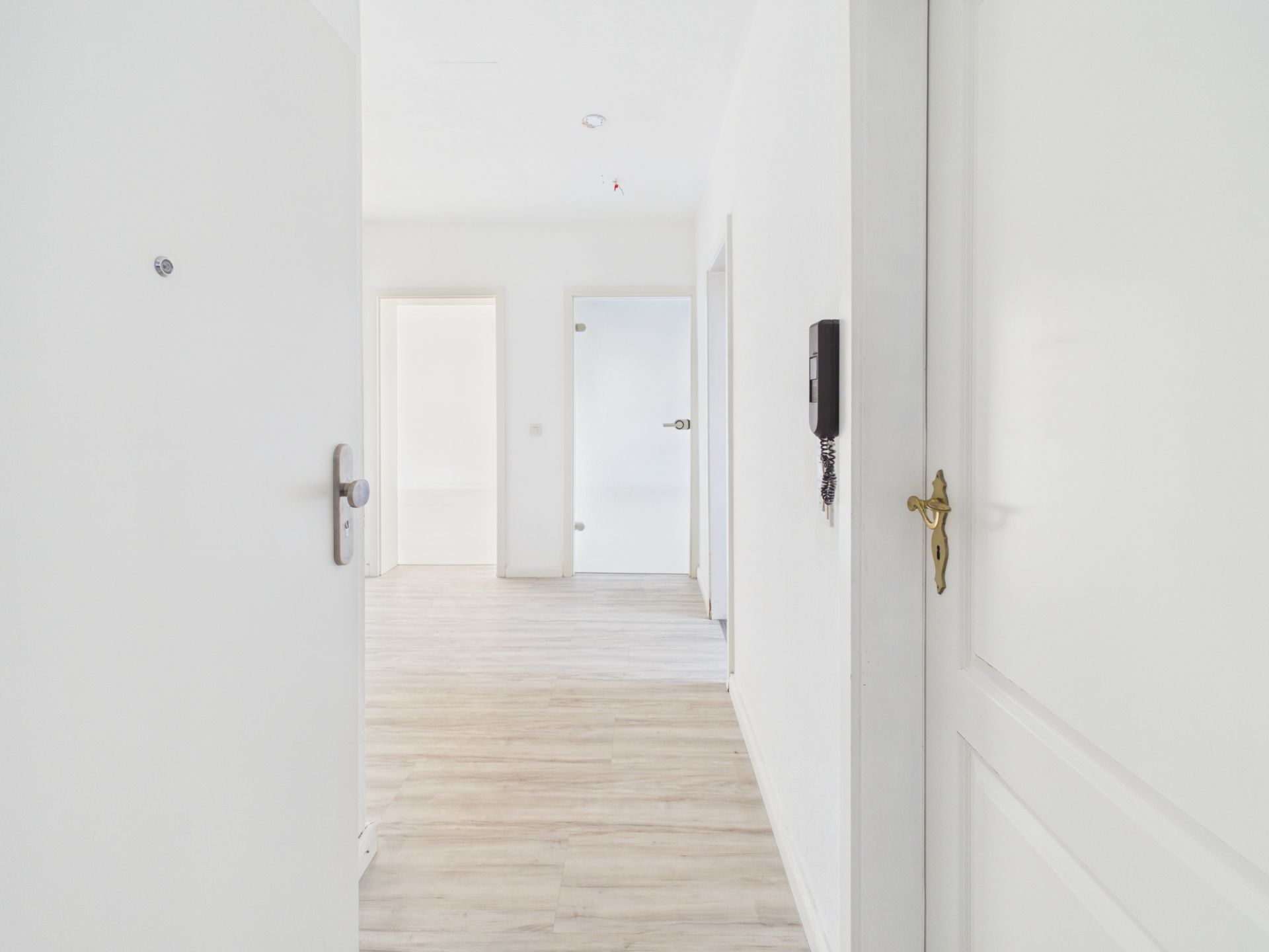 Heller Flur einer Wohnung mit Holzboden und mehreren offenen Türen.