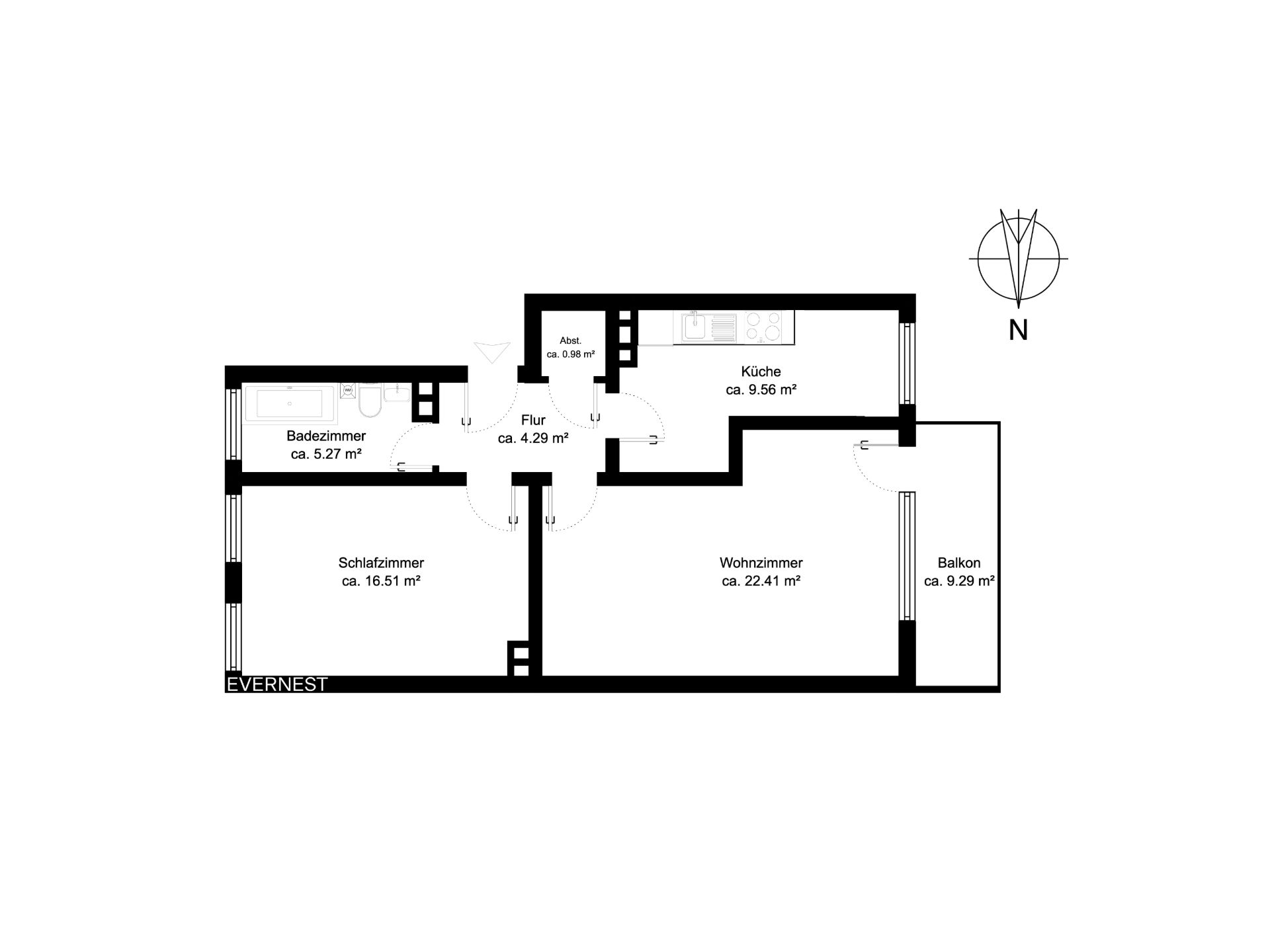 Grundriss einer Wohnung mit Schlafzimmer, Wohnzimmer, Badezimmer, Küche, Abstellraum, Flur und Balkon.