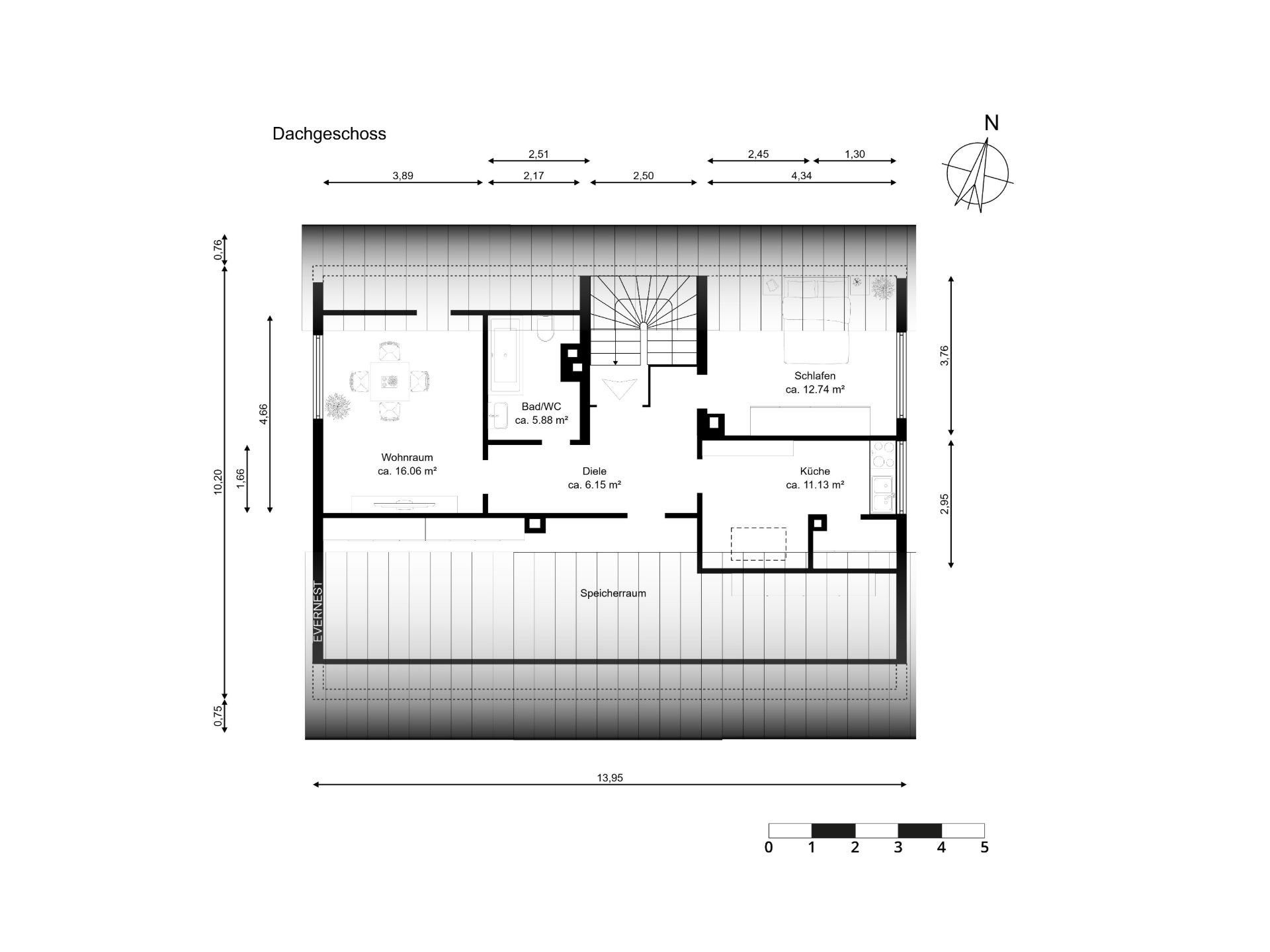 Grundriss eines Dachgeschosses mit Wohnzimmer, Schlafzimmer, Küche, Bad/WC und Abstellraum.