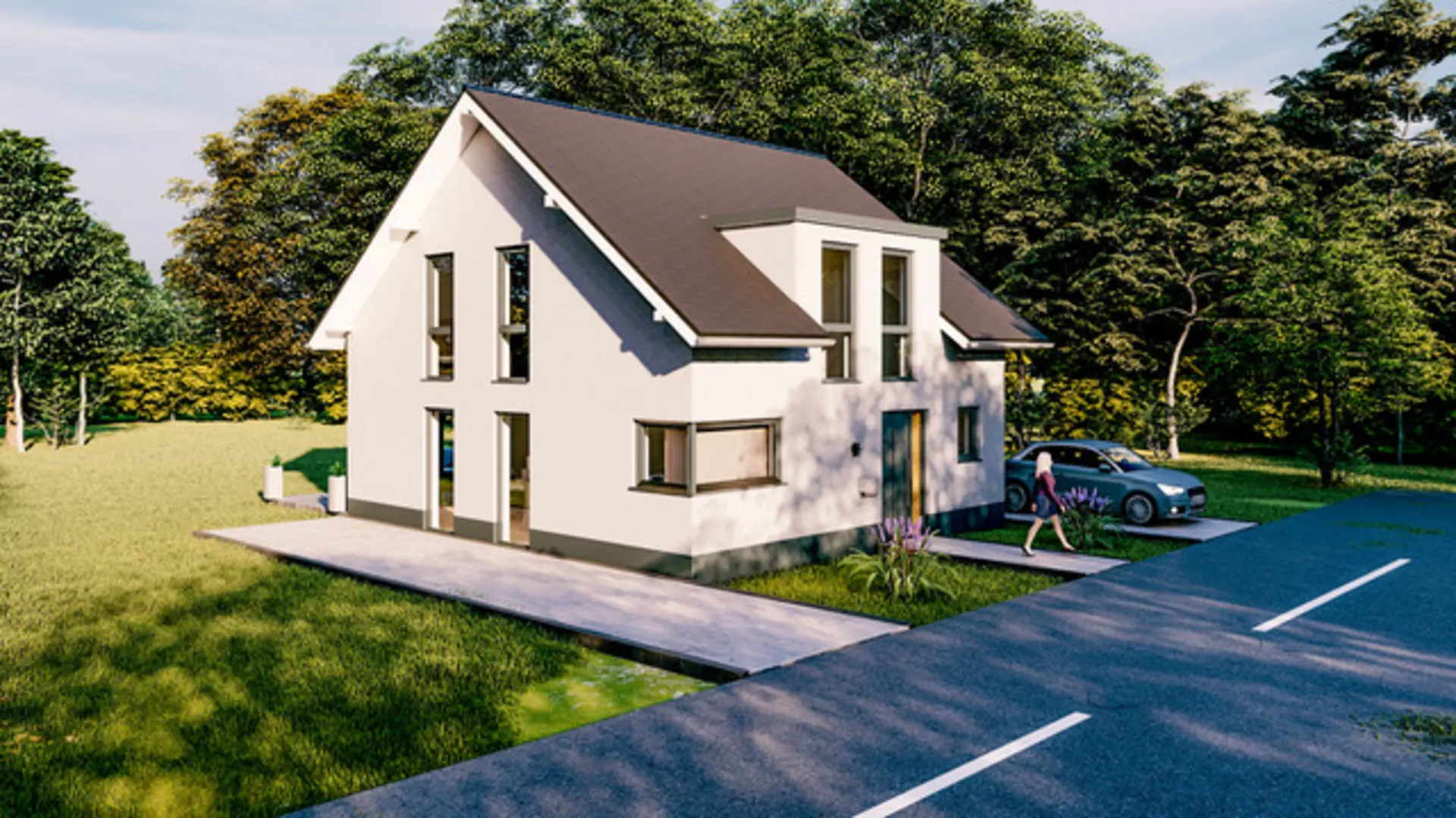Modernes weißes Einfamilienhaus mit Satteldach, großer Fensterfront und Auto in der Einfahrt.