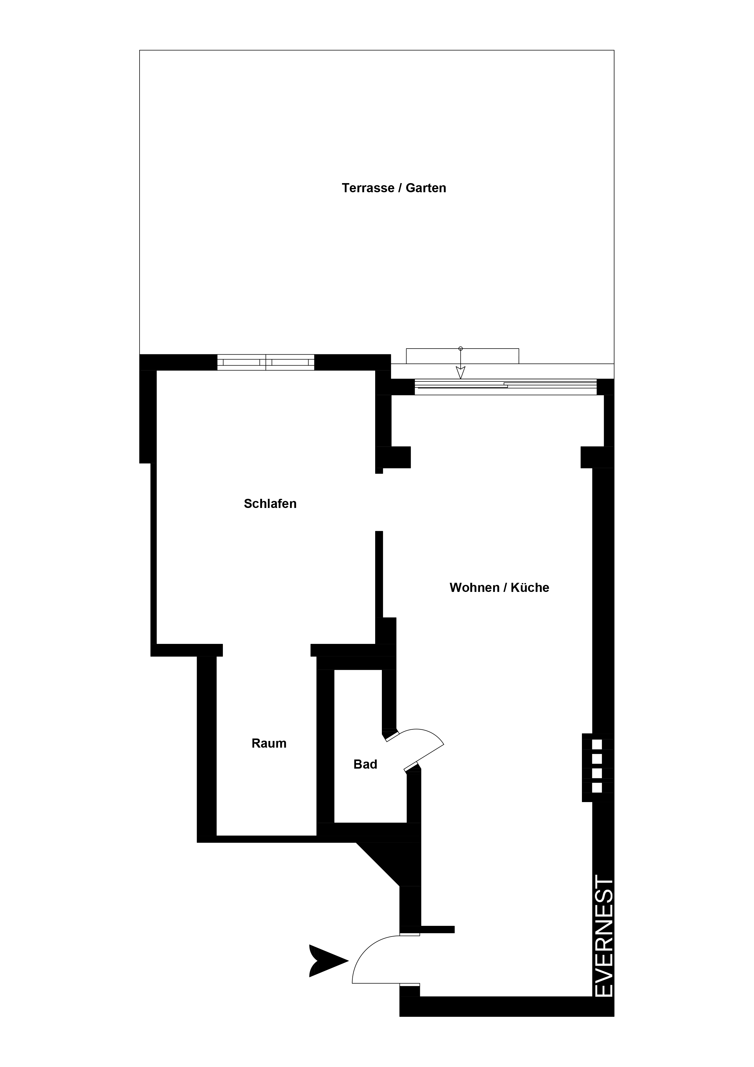 Grundriss einer Wohnung mit Schlafzimmer, Bad, Raum, Wohnküche und Terrasse/Garten.