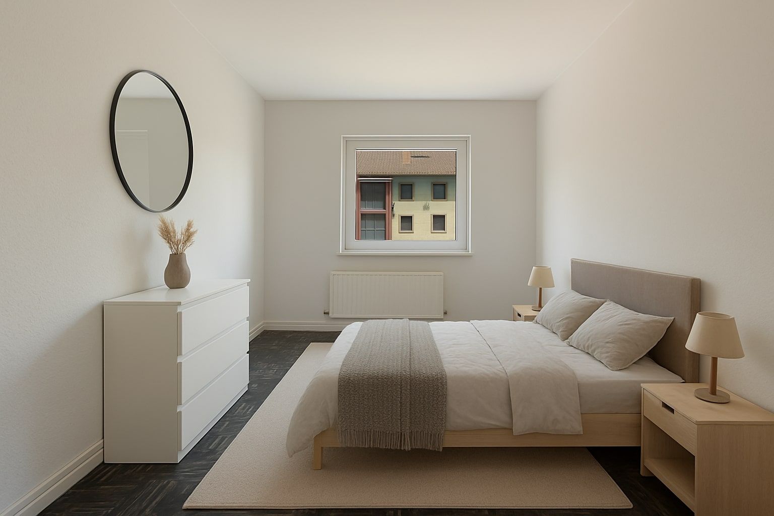 Modernes Schlafzimmer mit Doppelbett, Nachttischen, Kommode, rundem Spiegel und Fenster zur Straße.