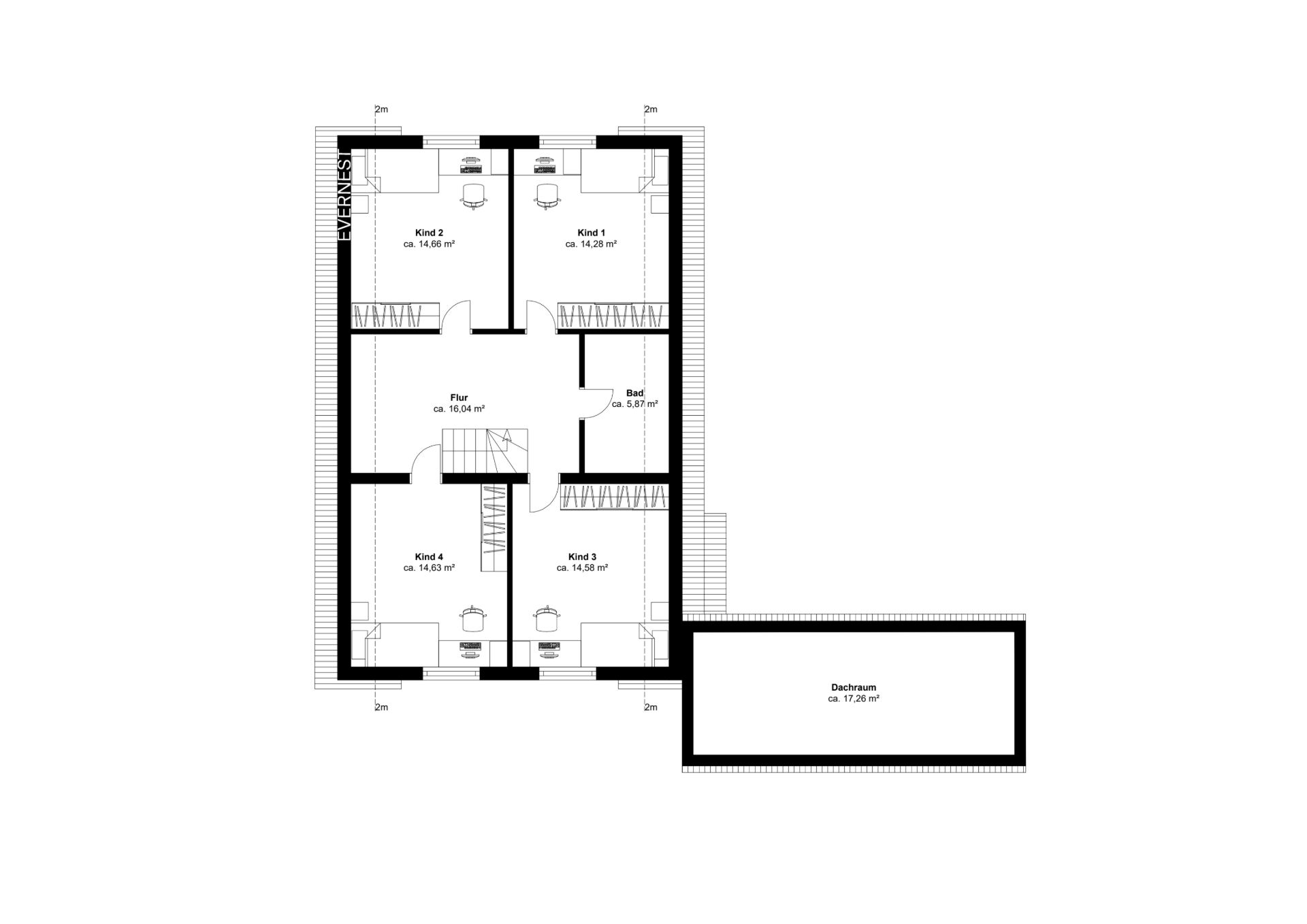 Grundriss mit vier Kinderzimmern, einem Bad, Flur, Treppe und Dachraum.
