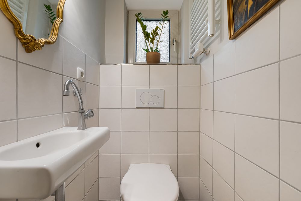 Kleines Badezimmer mit Toilette, Waschbecken, Spiegel und Pflanze auf dem Fensterbrett.
