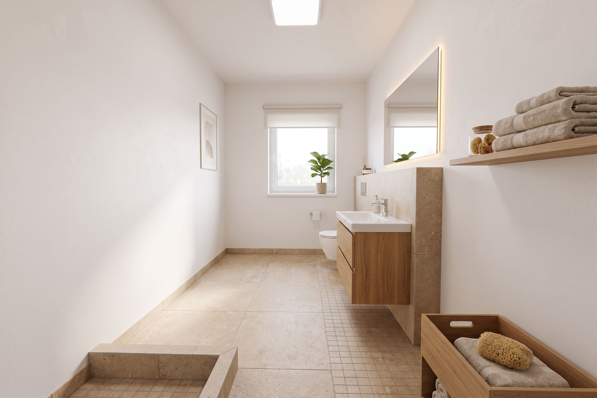 Modernes, helles Badezimmer mit großem Spiegel, Waschbecken, Regal und Handtüchern.