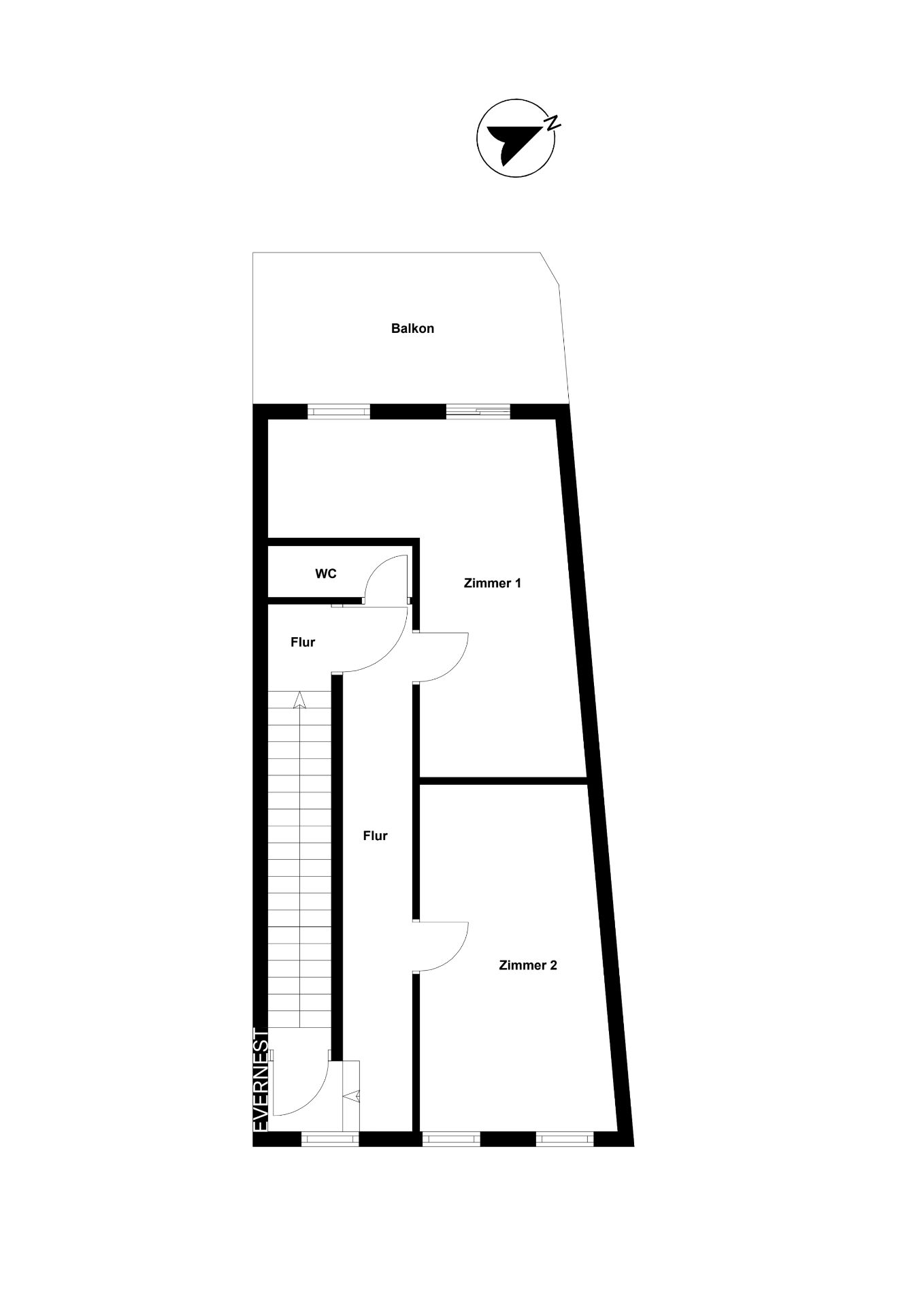 Grundriss mit zwei Zimmern, WC, Flur, Treppe und Balkon.